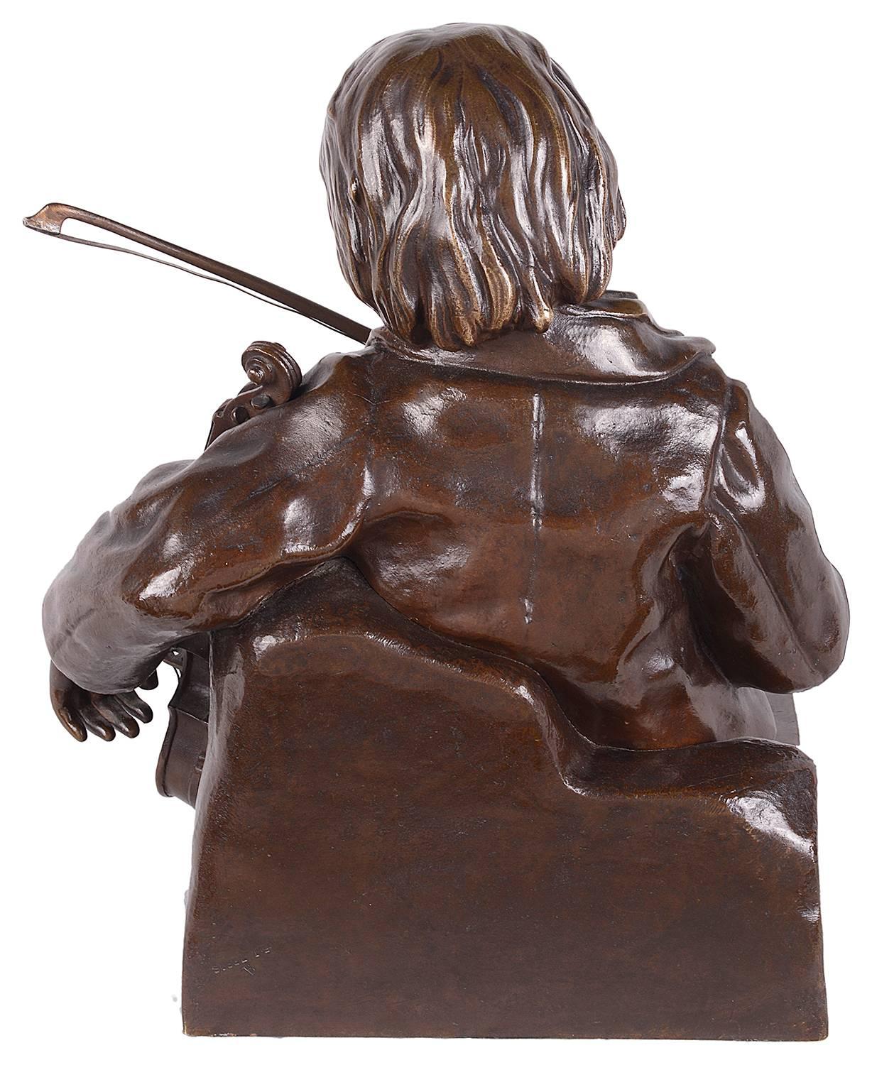 19th Century Bronze Statue of a Boy Violinist, Leon Tharel In Excellent Condition In Brighton, Sussex