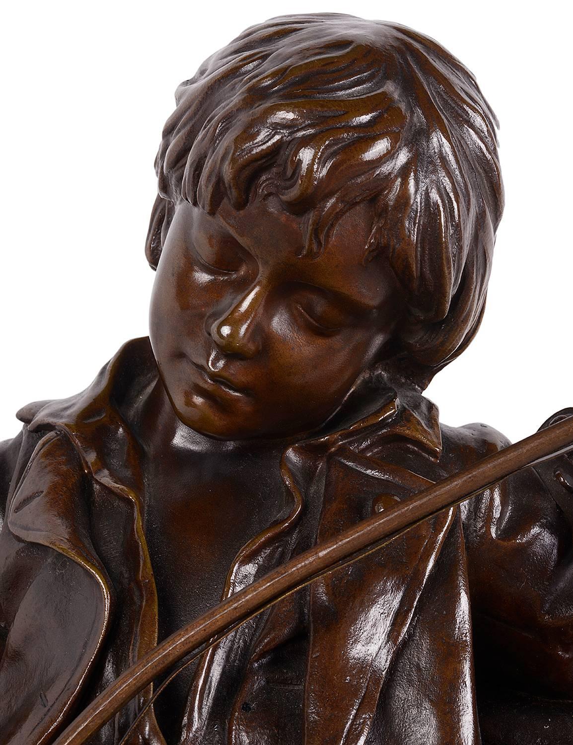 19th Century Bronze Statue of a Boy Violinist, Leon Tharel 1