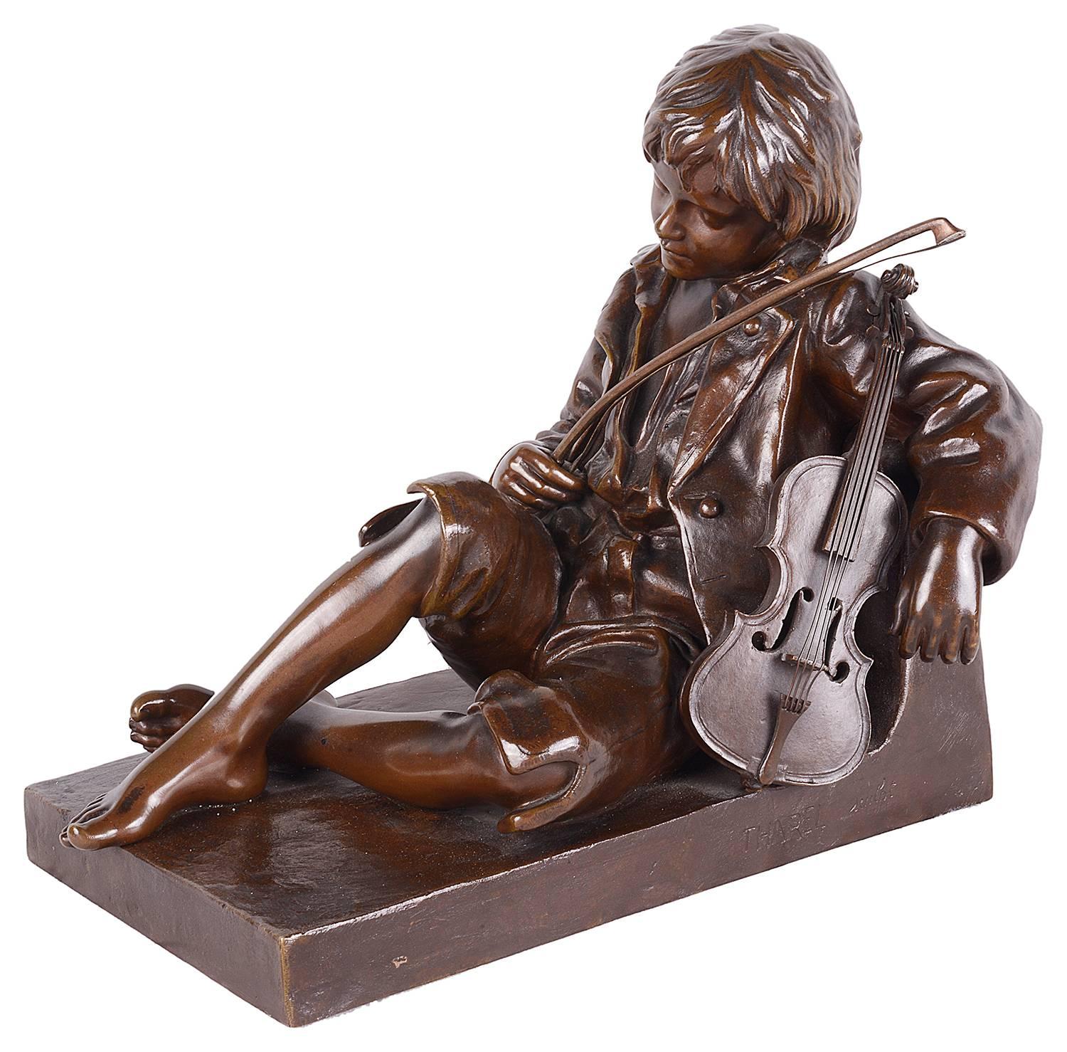 19th Century Bronze Statue of a Boy Violinist, Leon Tharel