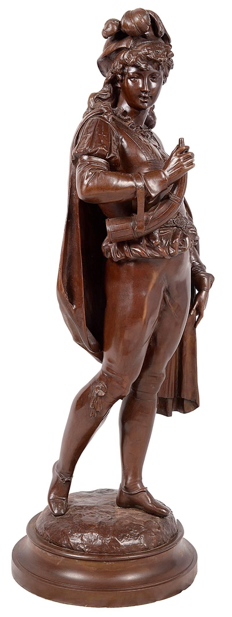 A very good quality 19th century bronze statue of French courtier, with a feather hat, cloak and horn.
Signed; Duboy
Paul Duboy (1830-1887).
