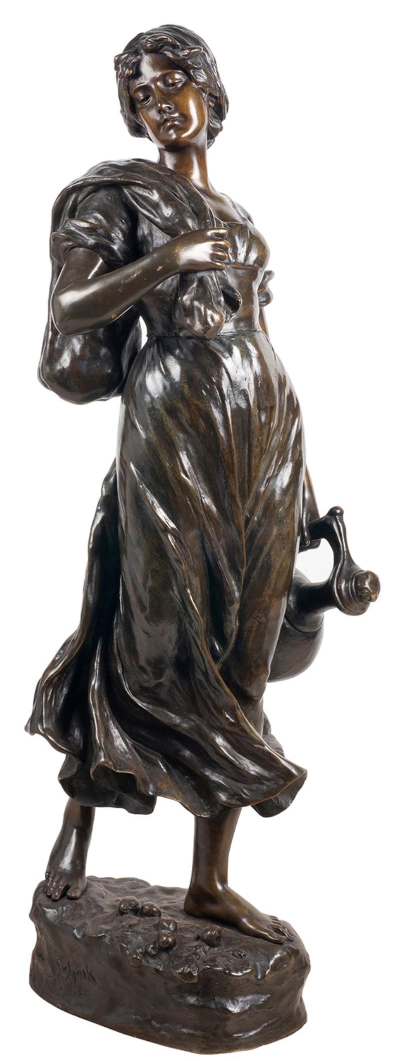 A enchanting late 19th century patinated bronze statue of a pretty young maiden carrying a water jug and sack. 
Signed; Hans Schork, Austrian, 1849.