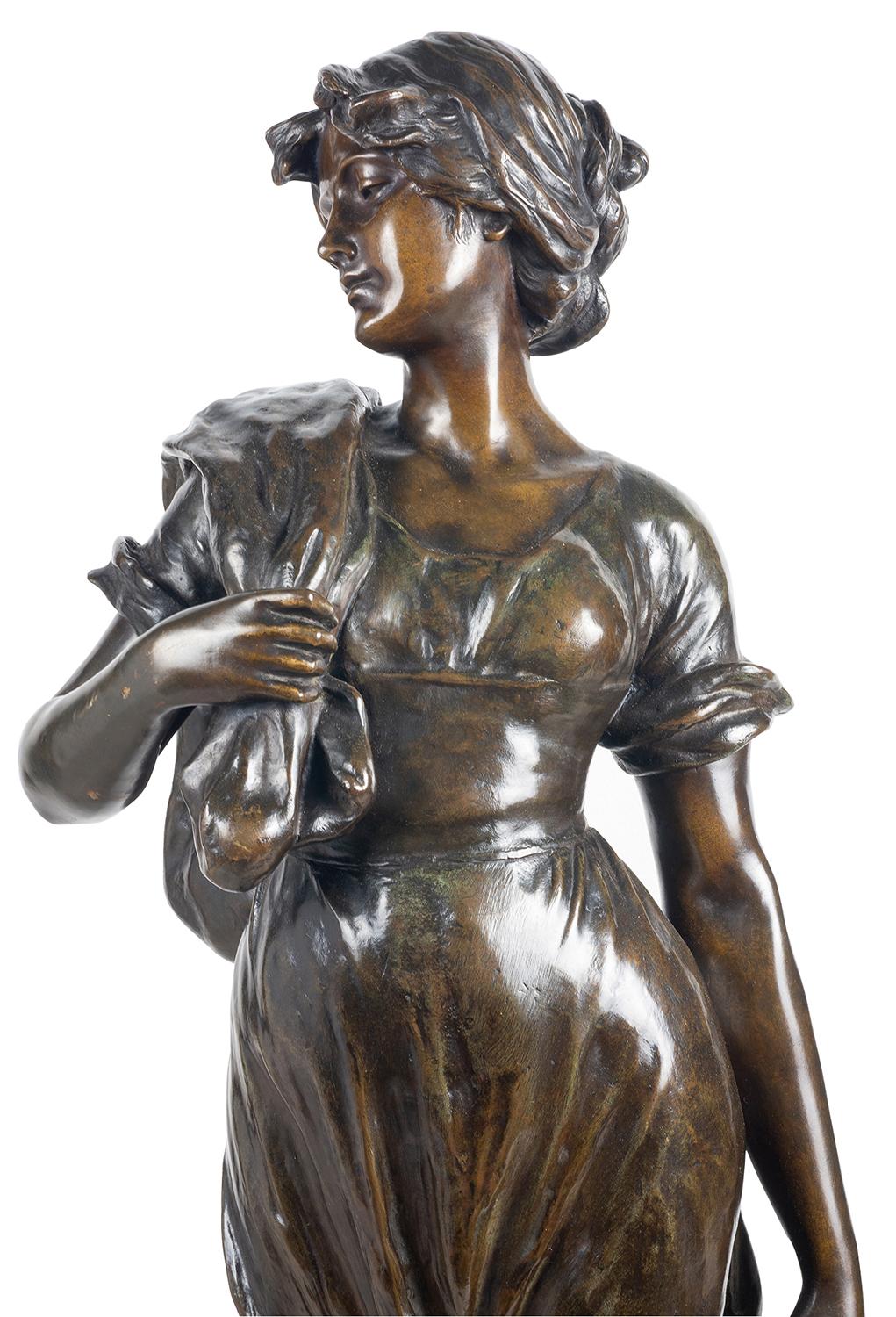 Patinated 19th Century Bronze Statue of a Female Water Carrier, by Hans Schork For Sale