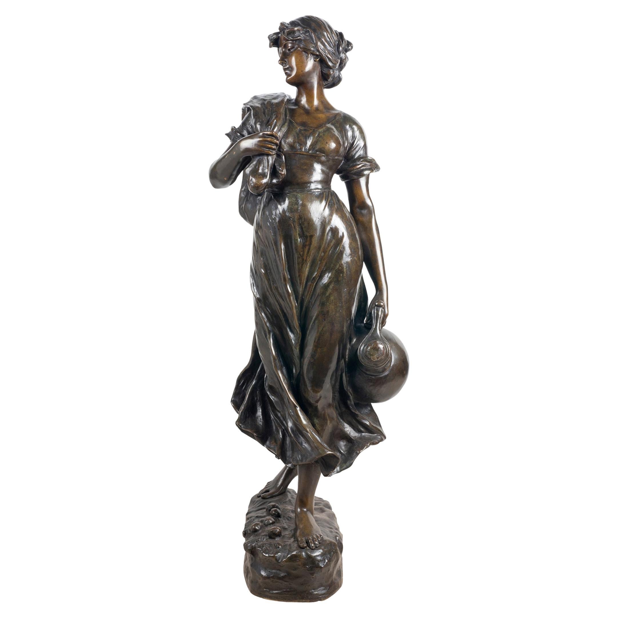 Statue en bronze du 19ème siècle d'une femme porteur d'eau, par Hans Schork
