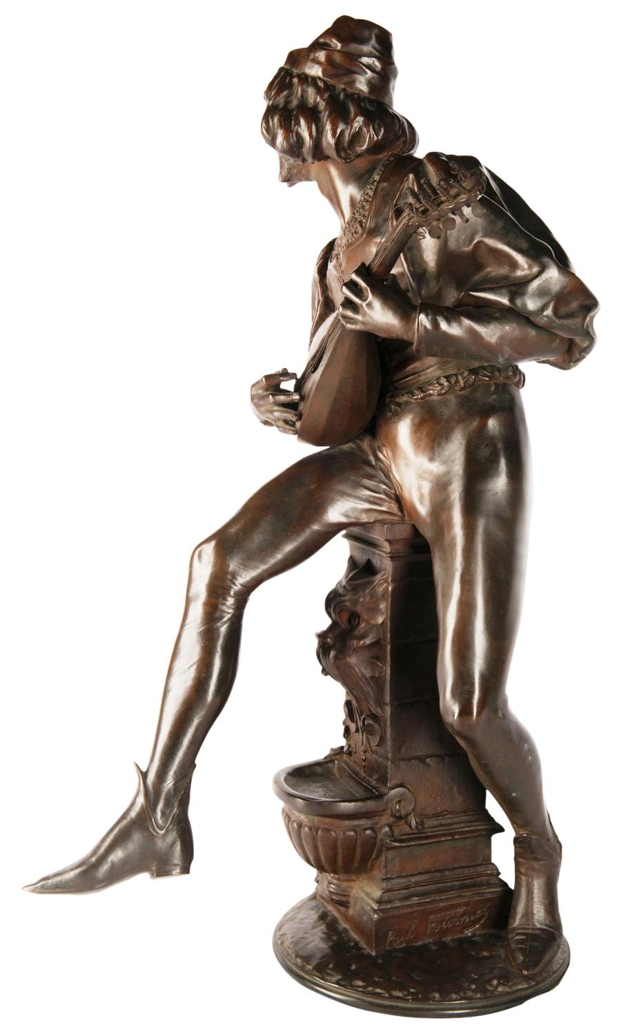 Français Statue d'un minstrel en bronze du 19ème siècle, signée Paul Fournier en vente