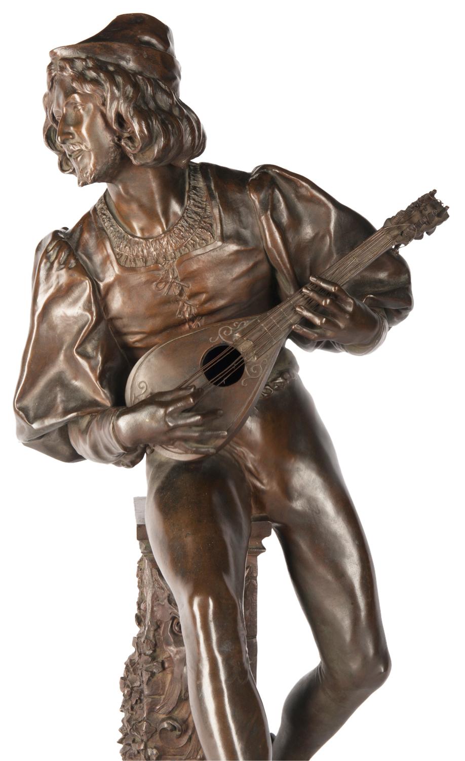 19th Century Bronze Statue of a Minstrel, Signed Paul Fournier In Good Condition For Sale In Brighton, Sussex