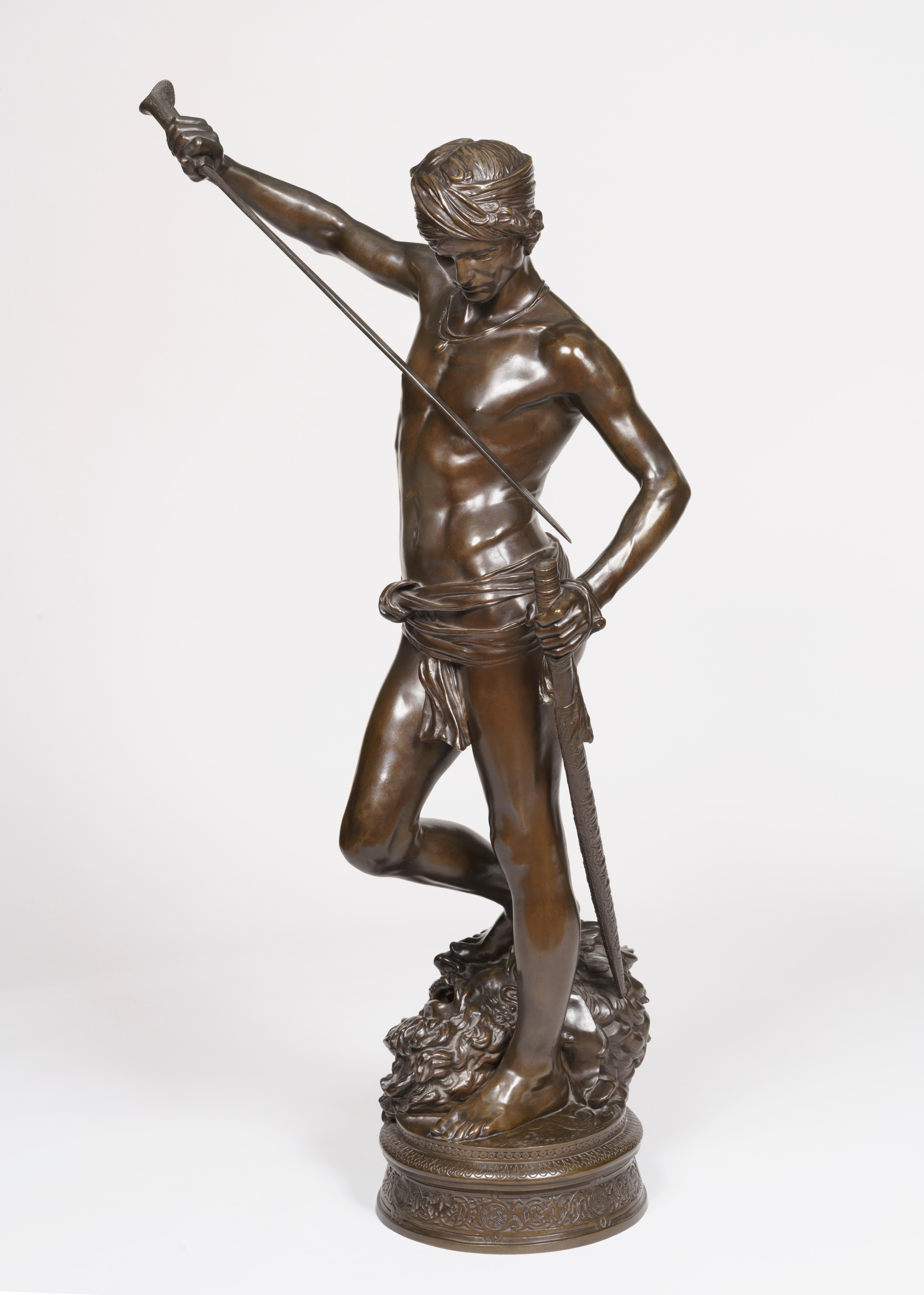'David, the conqueror of Goliath'
An exceptional Barbedienne cast of the statue executed by J.A. Mercié

Of good size, using very finely cast and chased patinated bronze, depicting the young David with the head of Goliath at his feet, on a