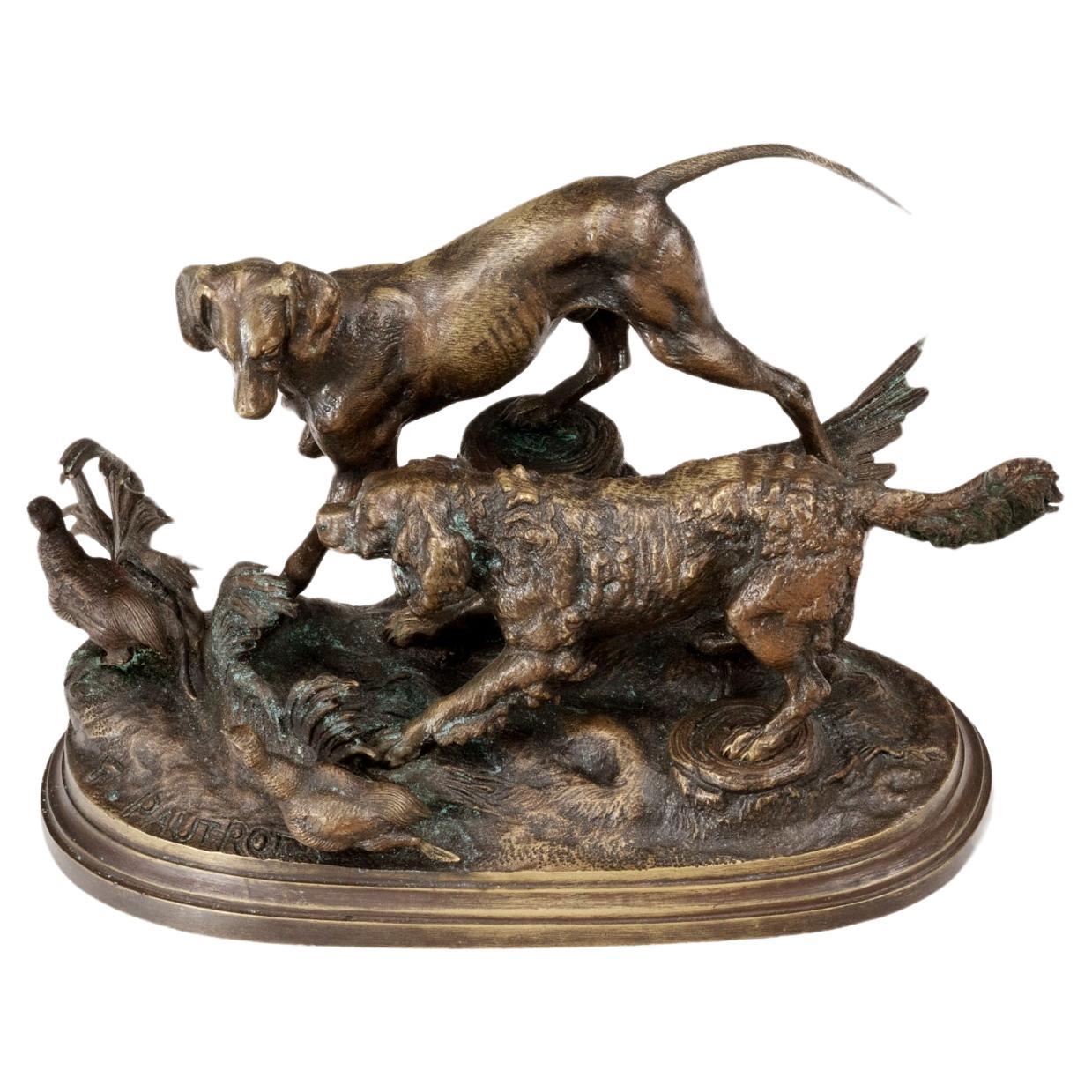 19th Century Bronze Statue of Dogs Hunting Grouse Signed F. Pautrot For Sale