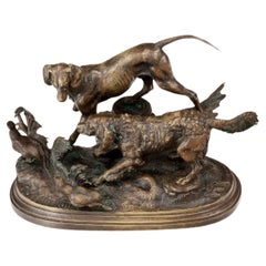 Antique 19th Century Bronze Statue of Dogs Hunting Grouse Signed F. Pautrot