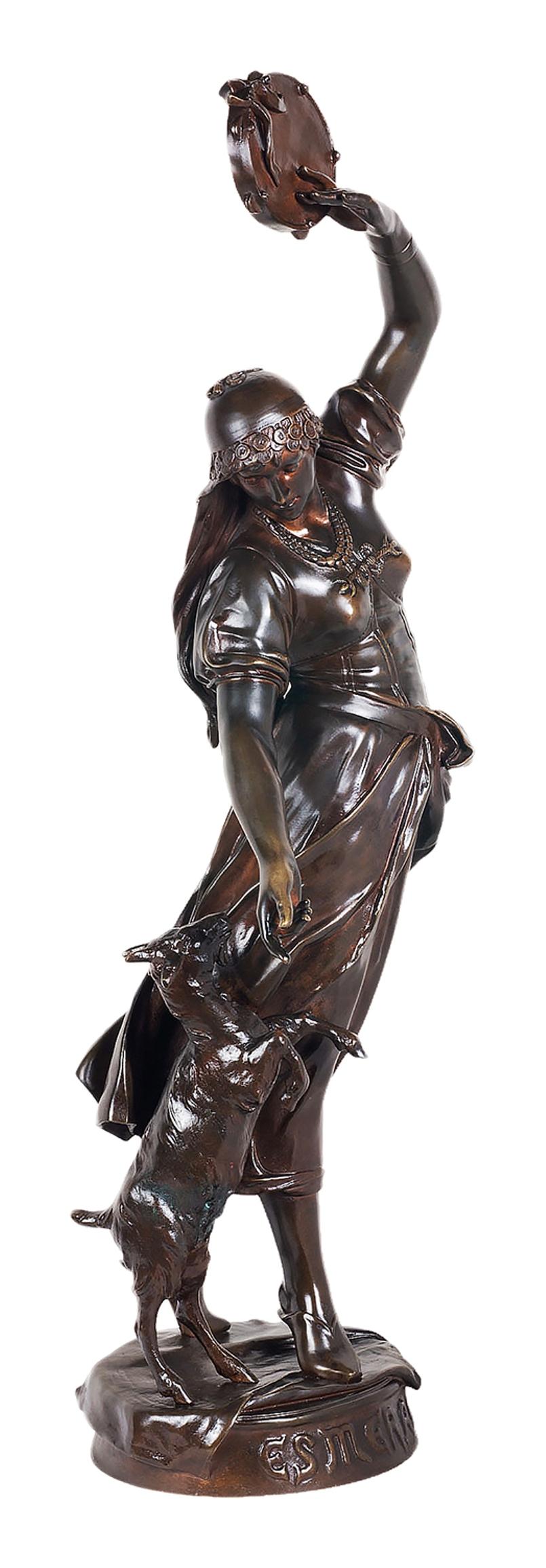 A fine quality 19th century patinated bronze statue of Esmeralda.

Esmeralda, born Agnès, is a fictional character in Victor Hugo's 1831 novel The Hunchback of Notre-Dame. She is a French Roma girl. She constantly attracts men with her seductive