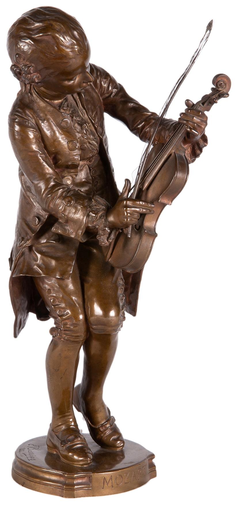 A very good quality 19th century bronze statue of a young Mozart hold a Violin, by Barbedienne, and E. Barrias 1883.