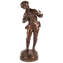 Estatua de bronce de niño del siglo XIX, titulada "Lección de canto", de E Carlier