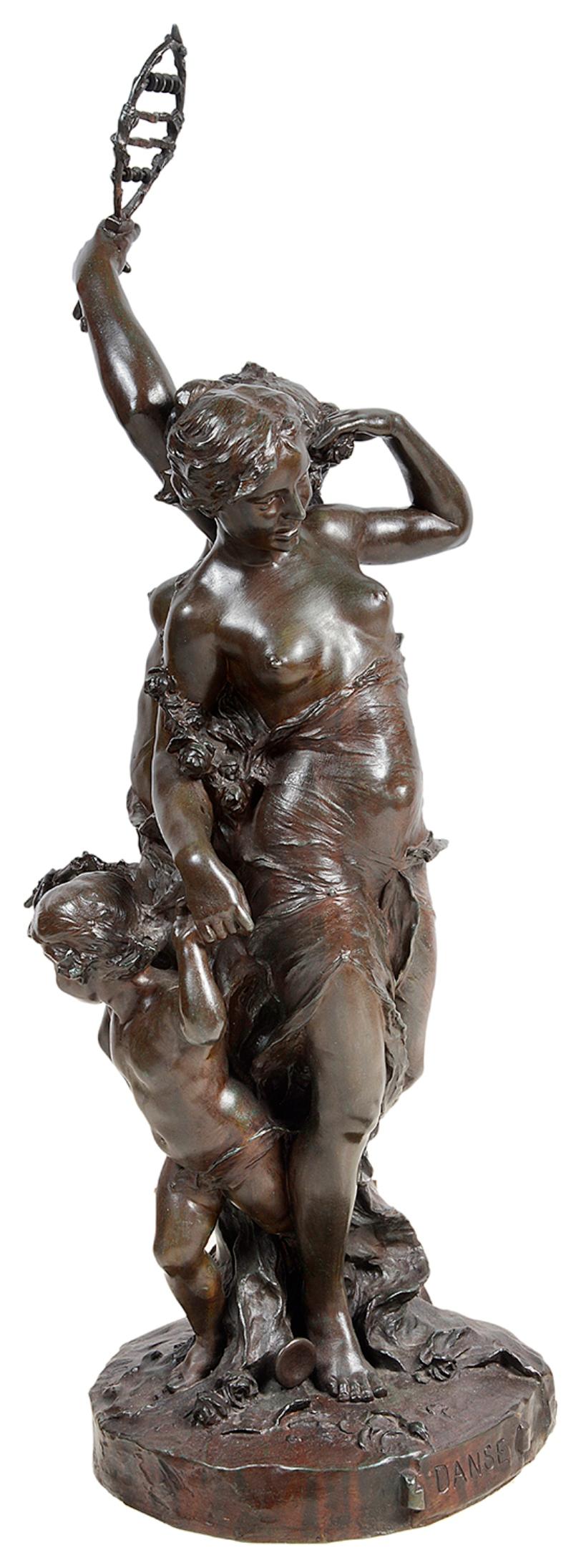 A very impressive 19th century bronze study of two semi nude classical females with child, entitled 'Music and Dance'
Signed; JB. Germain
Jean-Baptiste Germain (French, 1841-1910).