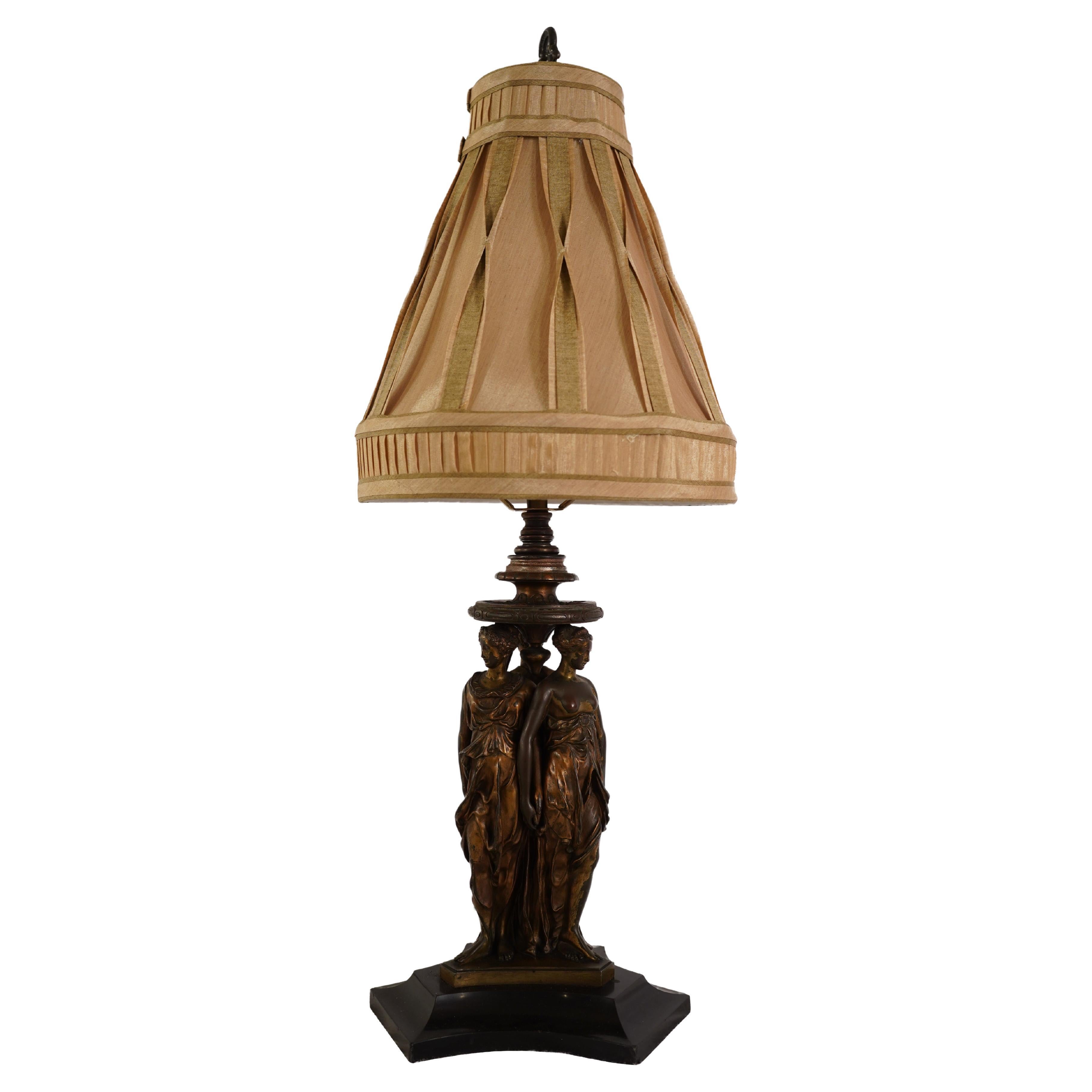 19th Century Bronze Three Goddesses Lamp For Sale