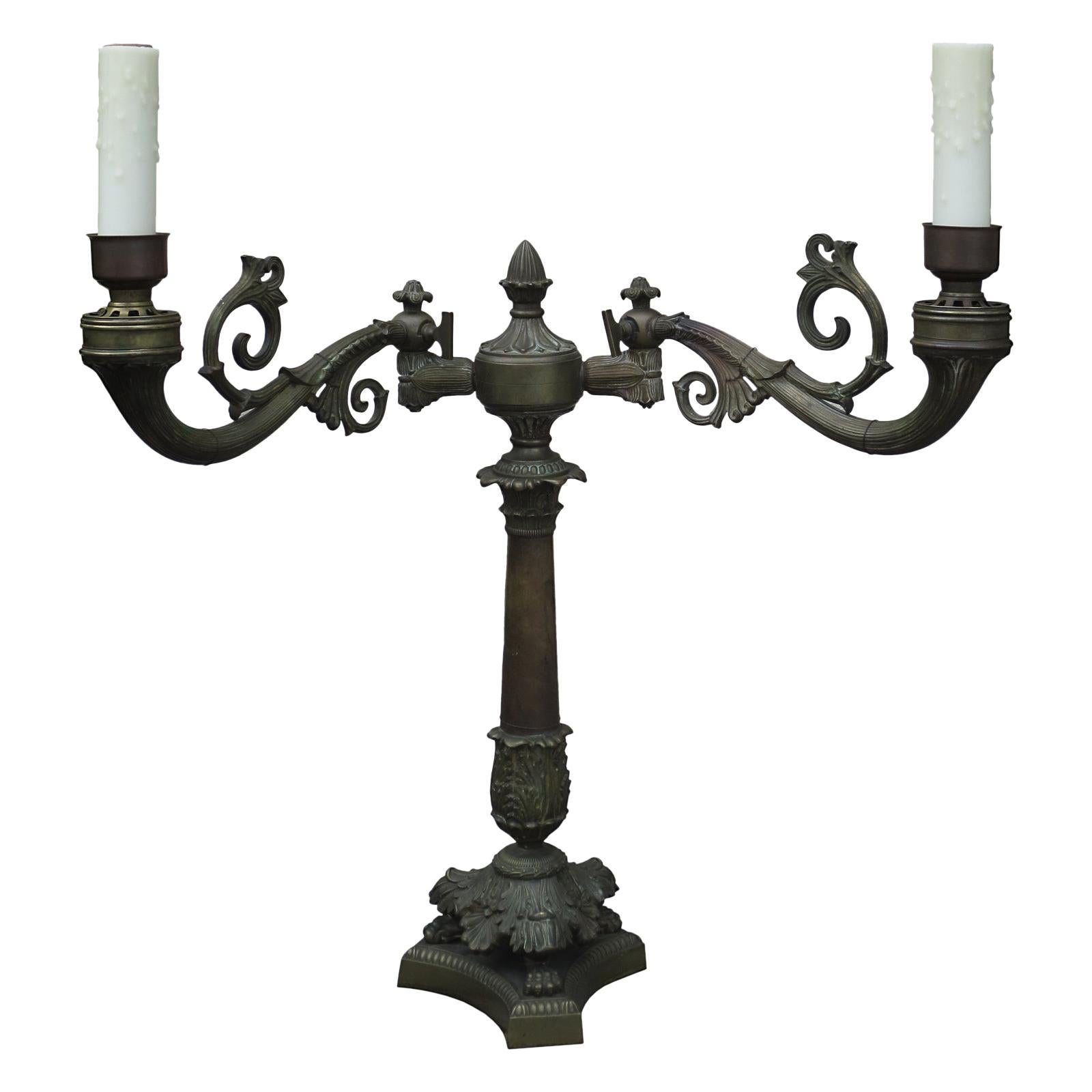 19th Century Bronze Two-Arm Candelabras as Lamp For Sale