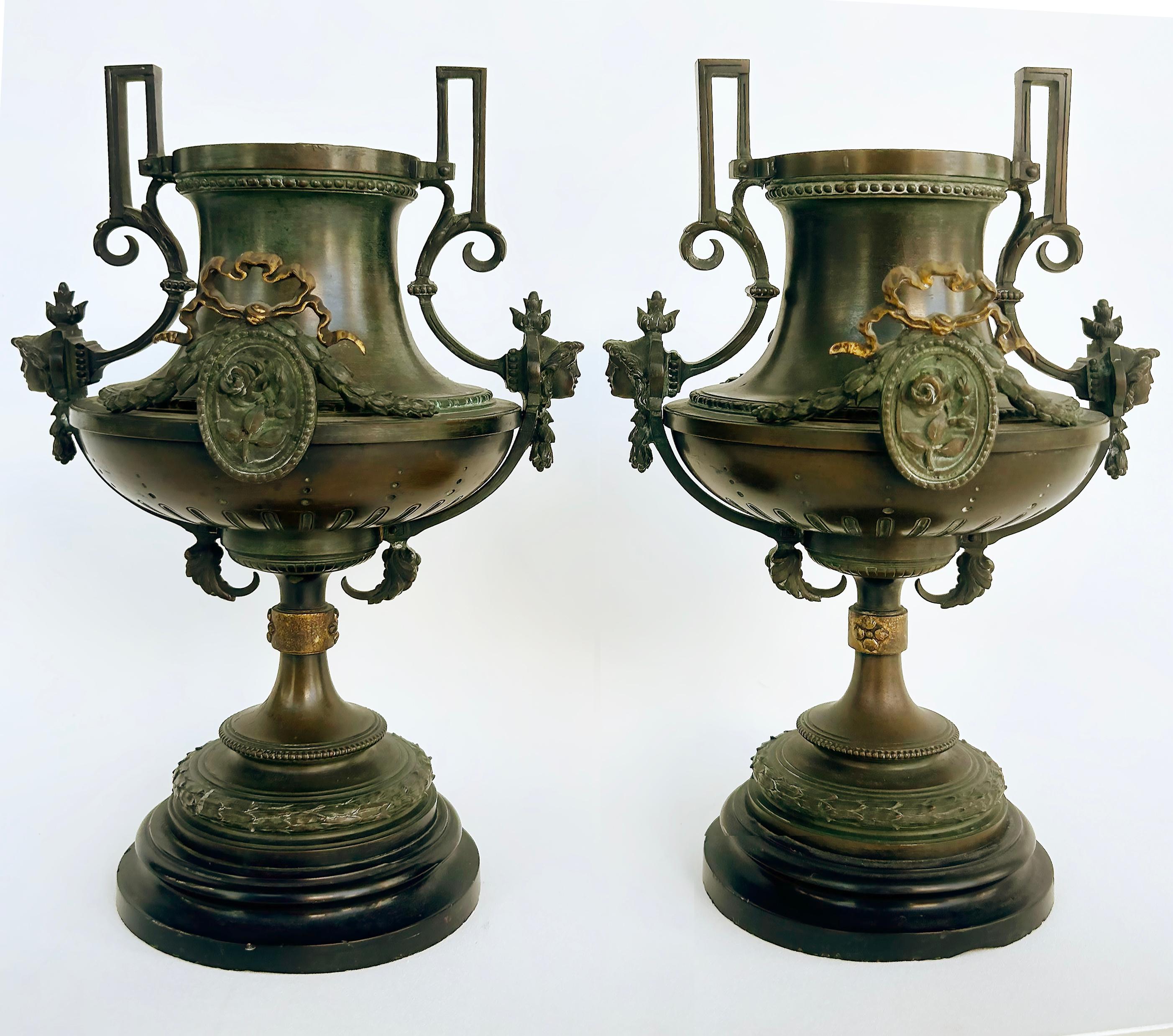 19th-Century Bronze Urns with Gilt Cartouches on Stone Bases, Pair For Sale 5