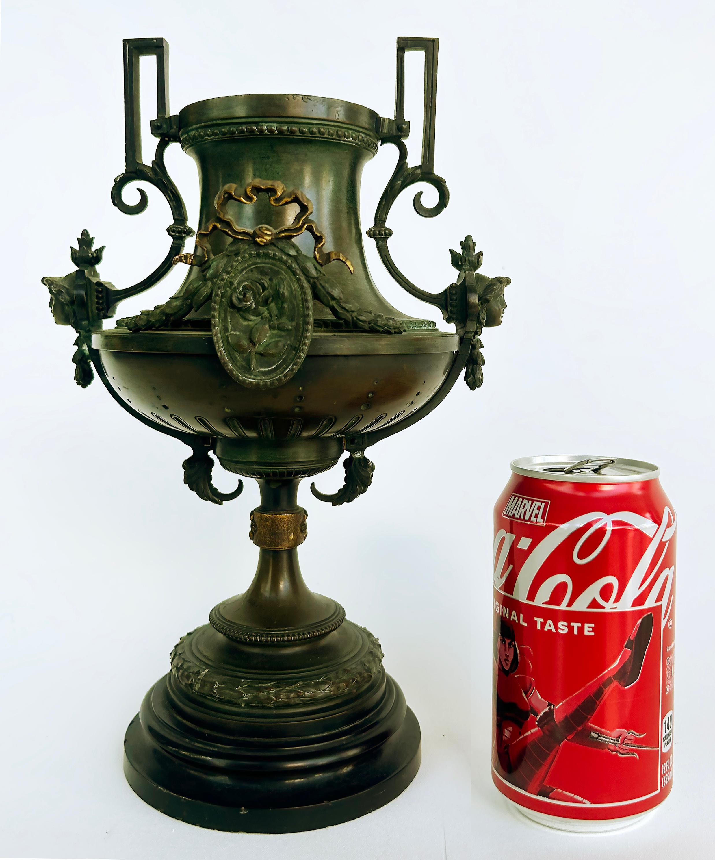 19th-Century Bronze Urns with Gilt Cartouches on Stone Bases, Pair For Sale 6