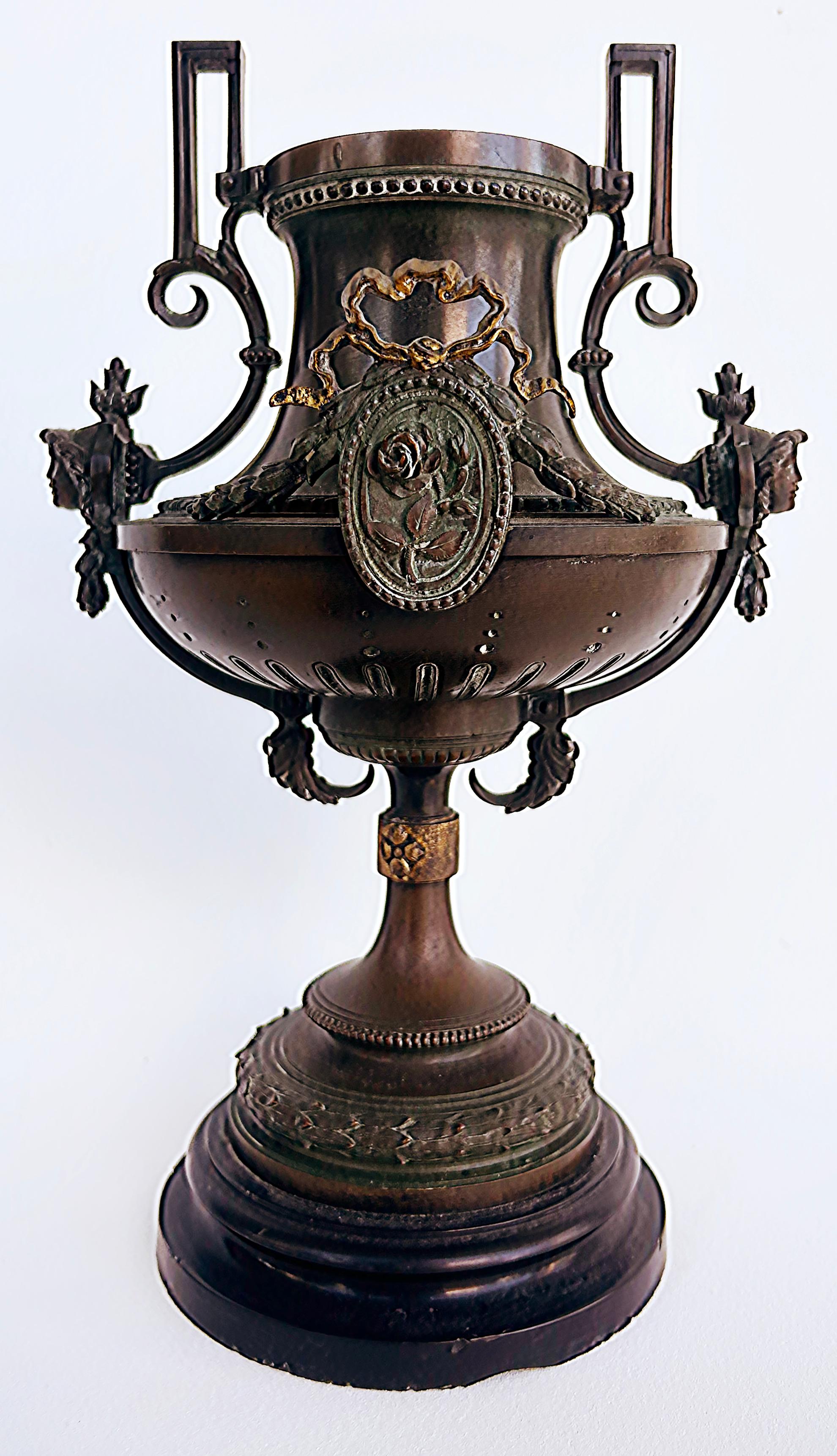 Victorian 19th-Century Bronze Urns with Gilt Cartouches on Stone Bases, Pair For Sale