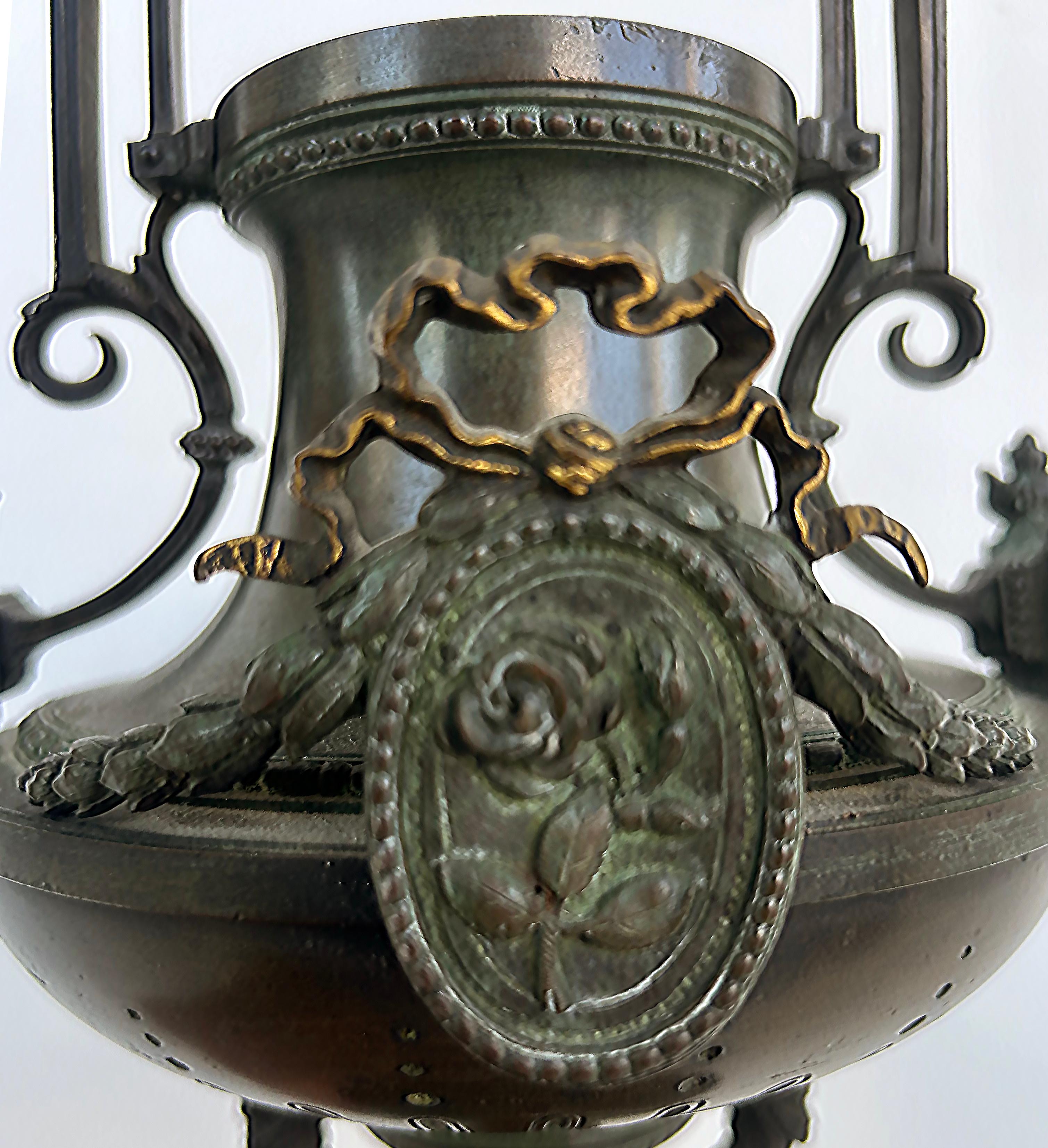 19th-Century Bronze Urns with Gilt Cartouches on Stone Bases, Pair For Sale 3