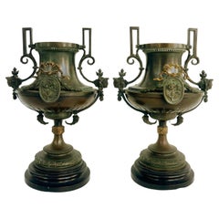 Antique 19th-Century Bronze Urns with Gilt Cartouches on Stone Bases, Pair