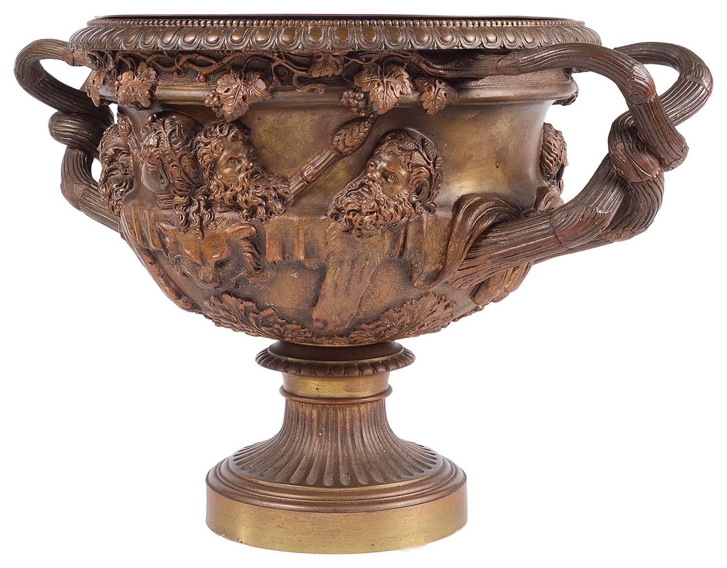A good quality 19th century bronze two handle Warwick vase.

The Warwick vase is an ancient Roman marble vase with Bacchic ornament that was discovered at Hadrian's Villa, Tivoli about 1771 by Gavin Hamilton, a Scottish painter-antiquarian and art