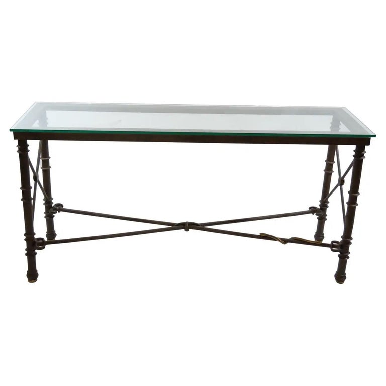 19th Century Bronze and Wrought Iron Glass Top Console Table For