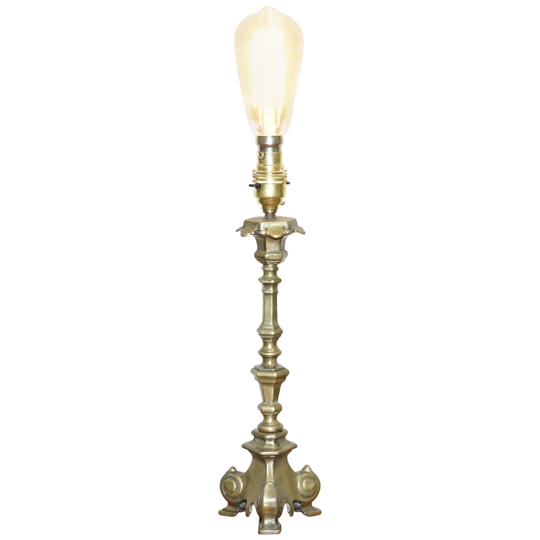 19th Century Bronzed Italian Candle Table Lamp Conversion with Ornate Frame For Sale