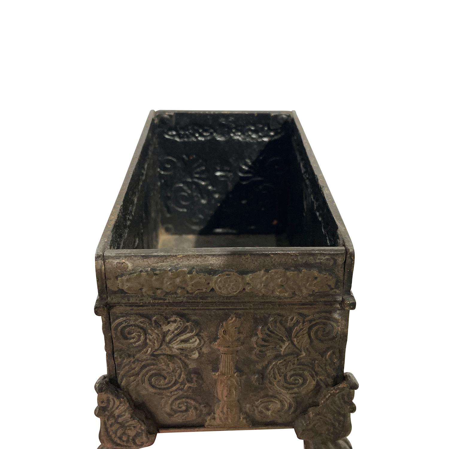 19th Century Brown-Black German Small Empire Iron Coffer, Antique Table Decor For Sale 4