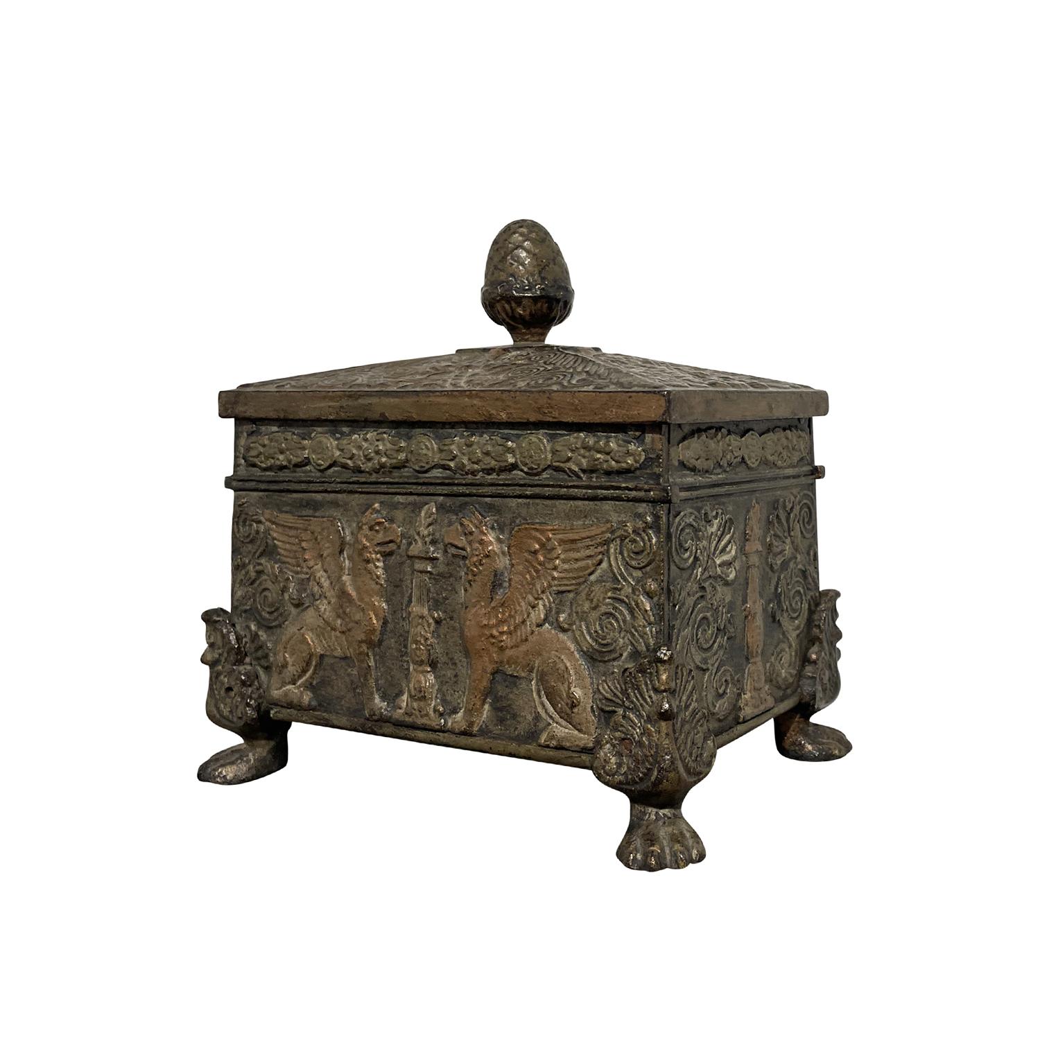 Hand-Crafted 19th Century Brown-Black German Small Empire Iron Coffer, Antique Table Decor For Sale