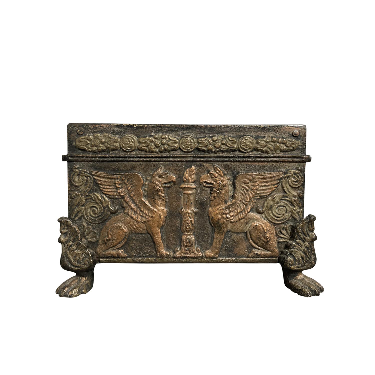 Metal 19th Century Brown-Black German Small Empire Iron Coffer, Antique Table Decor For Sale