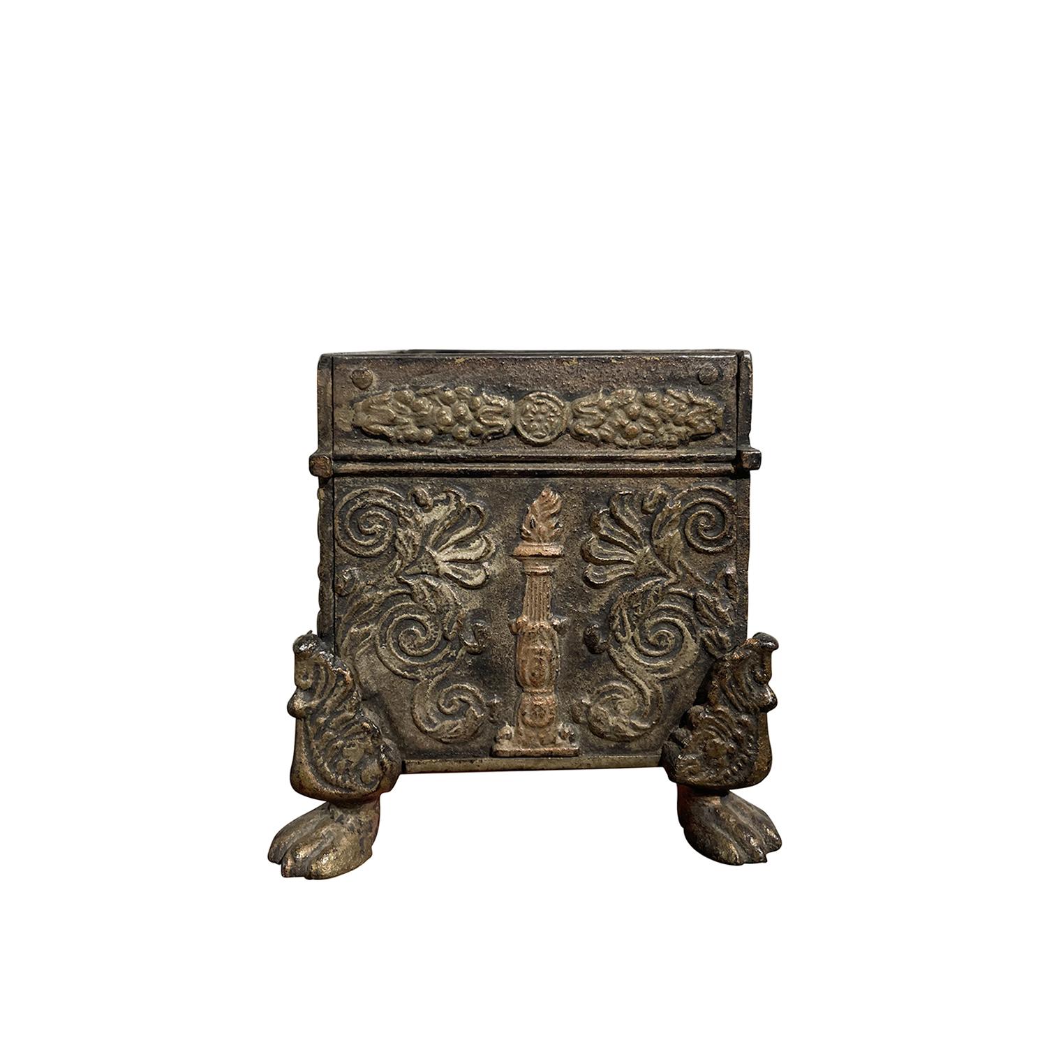 19th Century Brown-Black German Small Empire Iron Coffer, Antique Table Decor For Sale 3