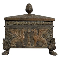 19th Century Brown-Black German Small Empire Iron Coffer, Antique Table Decor
