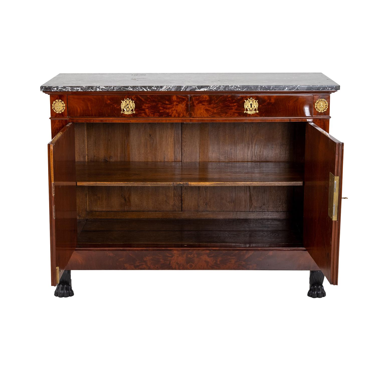 Polished 19th Century French Empire Antique Mahogany, Marble Chest of Drawers For Sale
