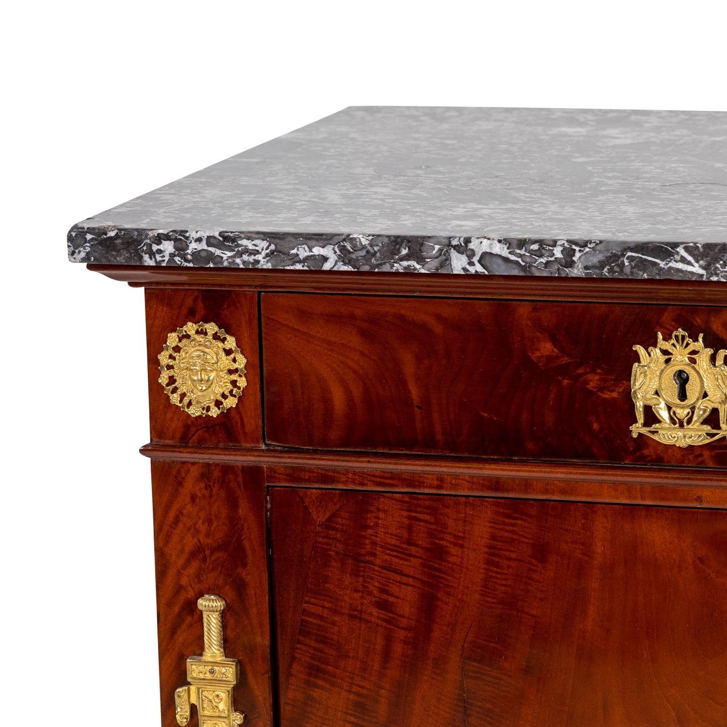 Metal 19th Century French Empire Antique Mahogany, Marble Chest of Drawers For Sale
