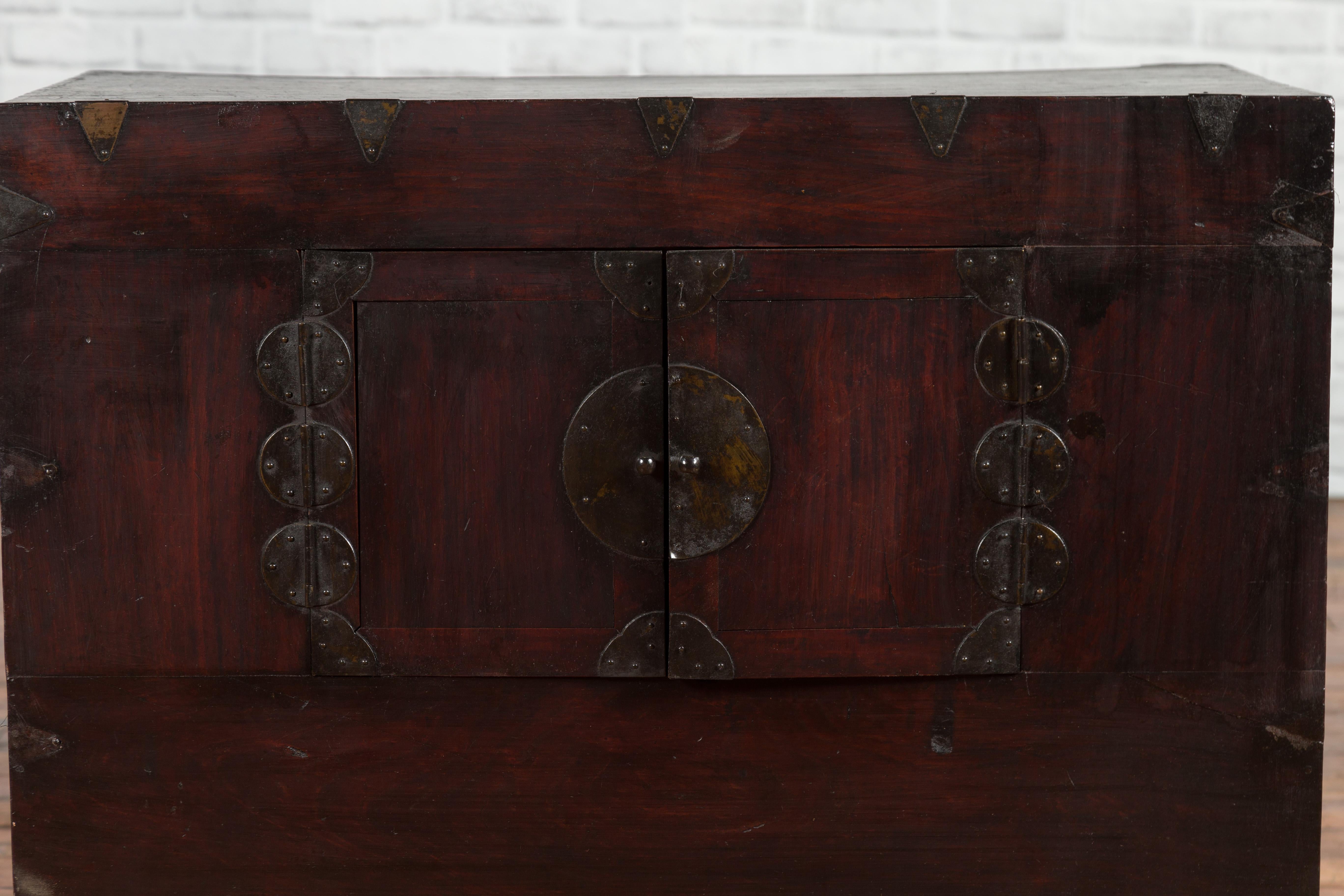 19th Century Brown Lacquered Wood Korean Cabinet with Traditional Brass Hardware 3