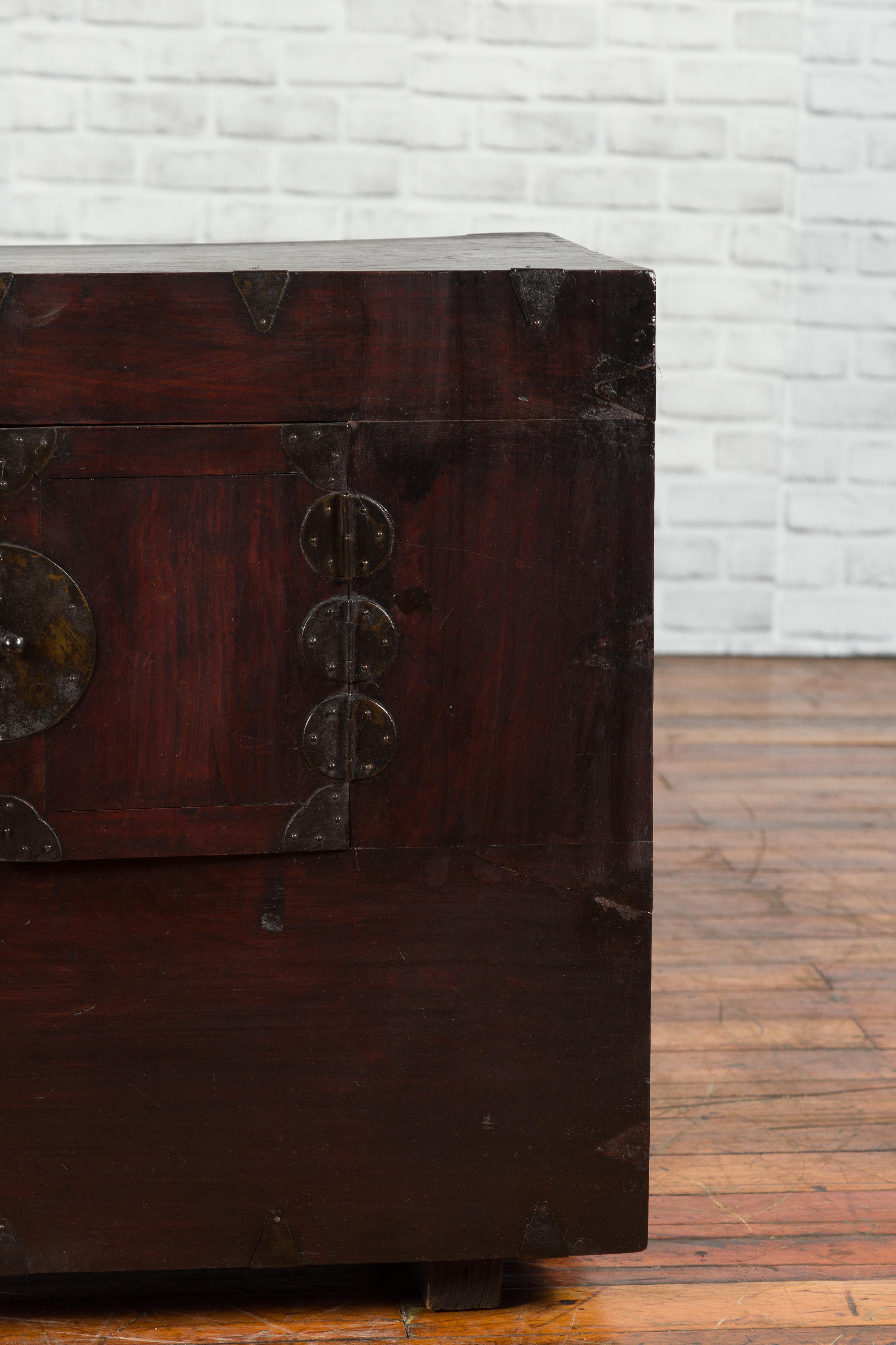 19th Century Brown Lacquered Wood Korean Cabinet with Traditional Brass Hardware 4