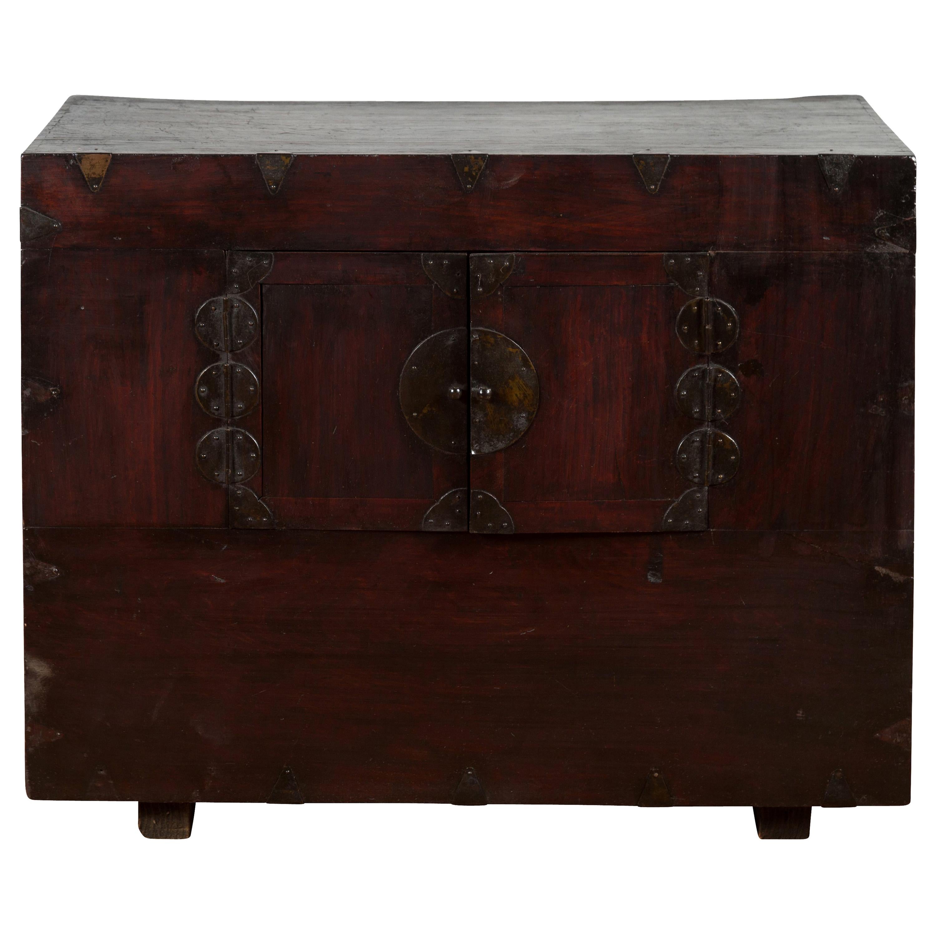 19th Century Brown Lacquered Wood Korean Cabinet with Traditional Brass Hardware