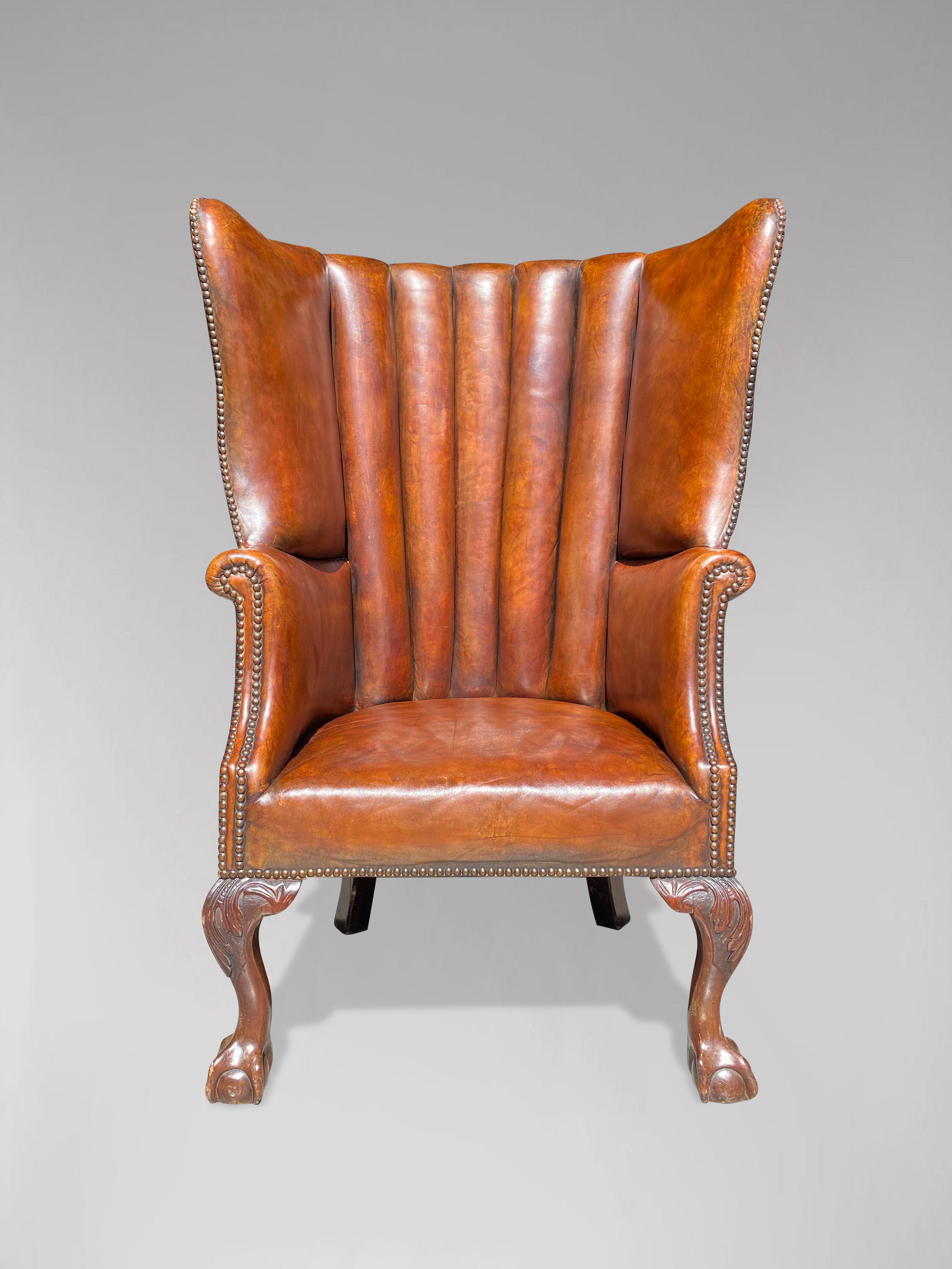 Victorian 19th Century Brown Leather Barrel Back Armchair