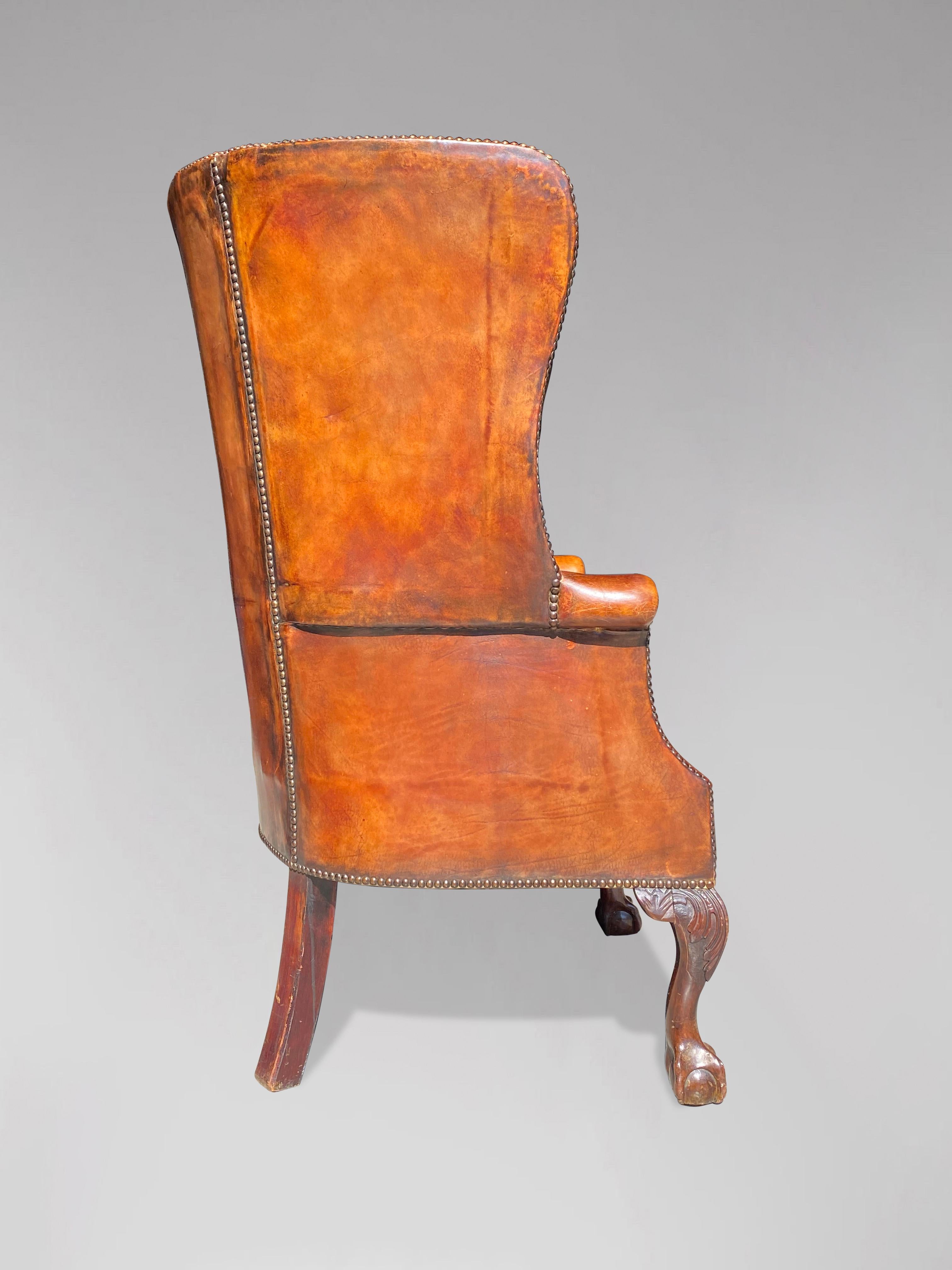 Hand-Crafted 19th Century Brown Leather Barrel Back Armchair