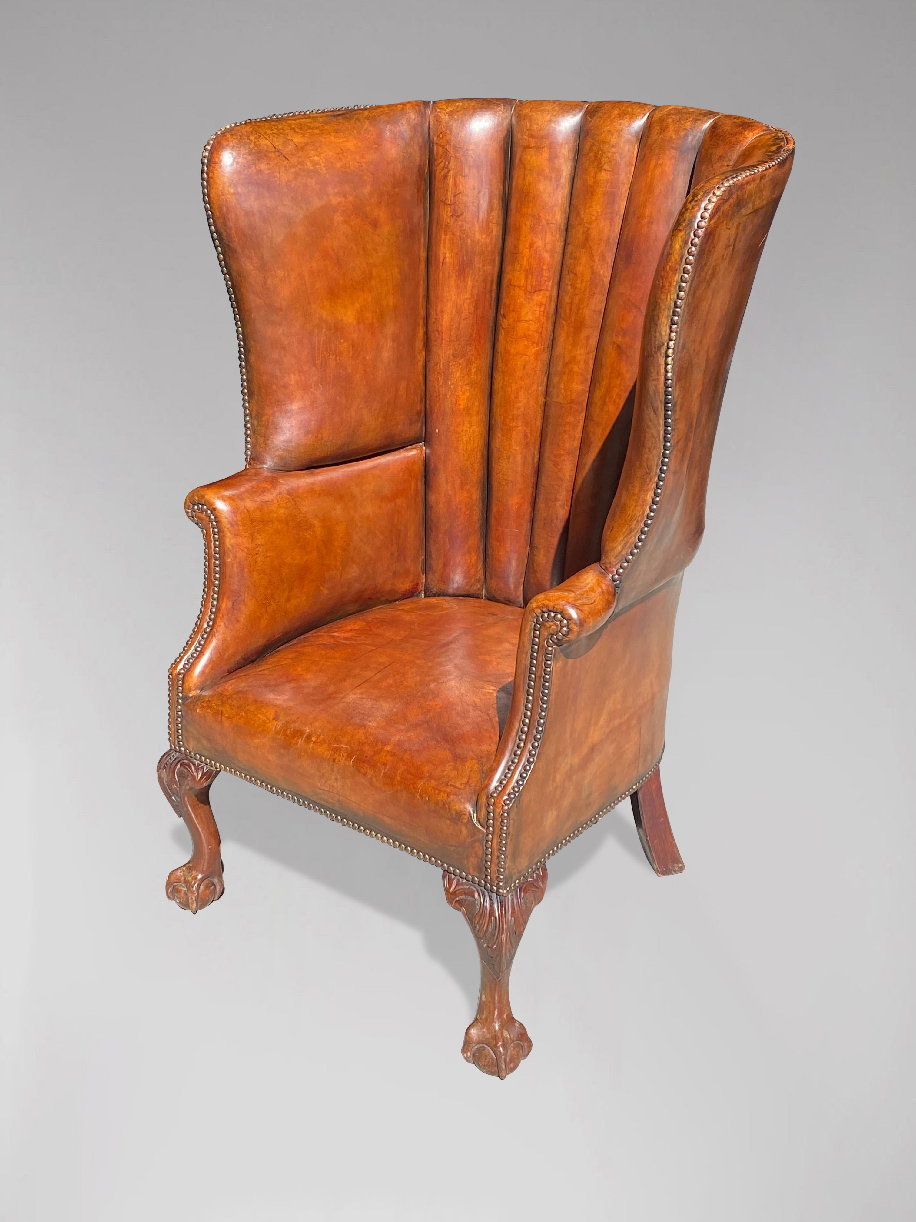 19th Century Brown Leather Barrel Back Armchair 1