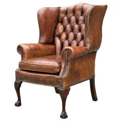 19th Century Brown Leather Button Wing Armchair