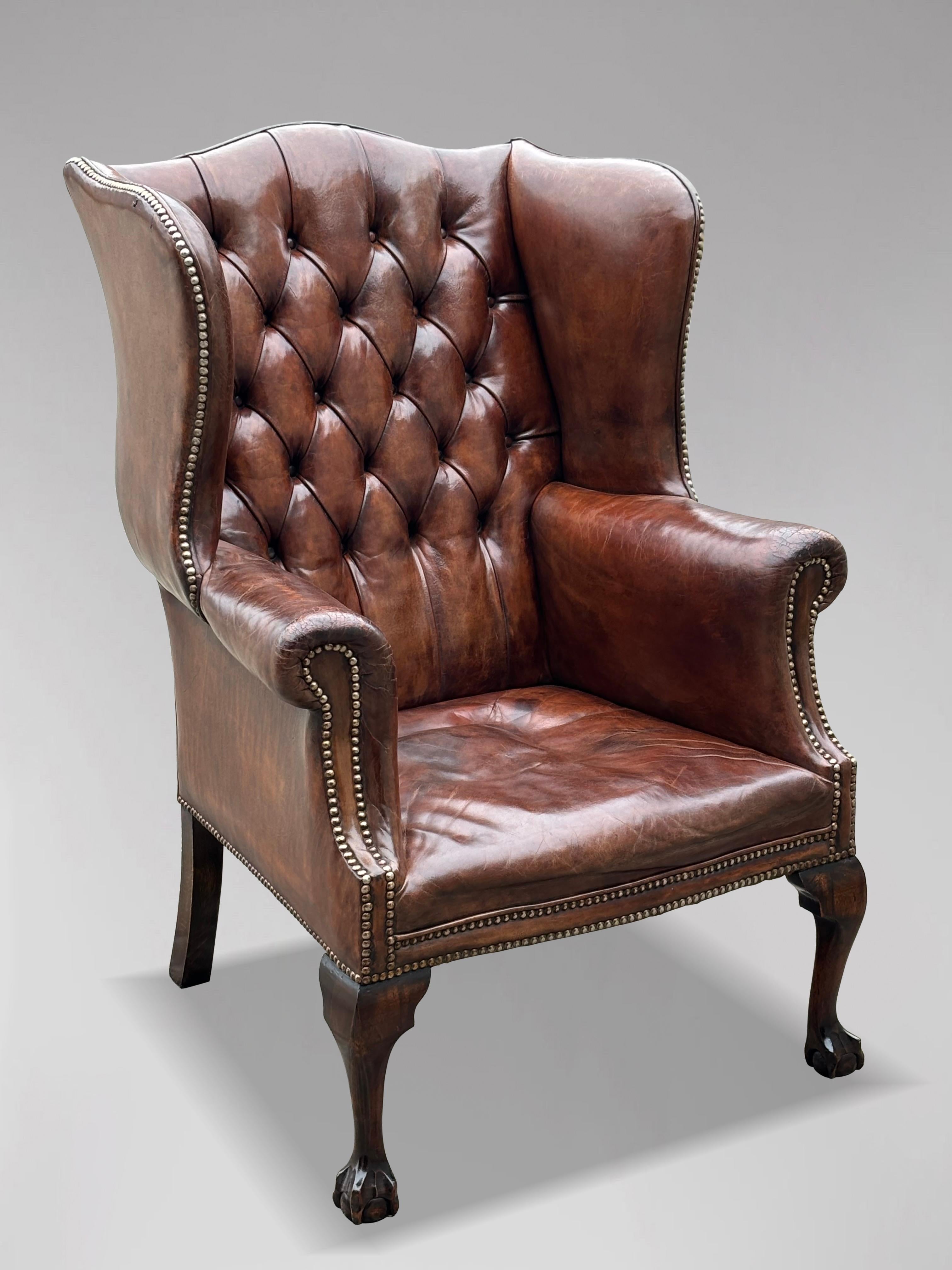 19th Century Brown Leather Wing Armchair For Sale 7