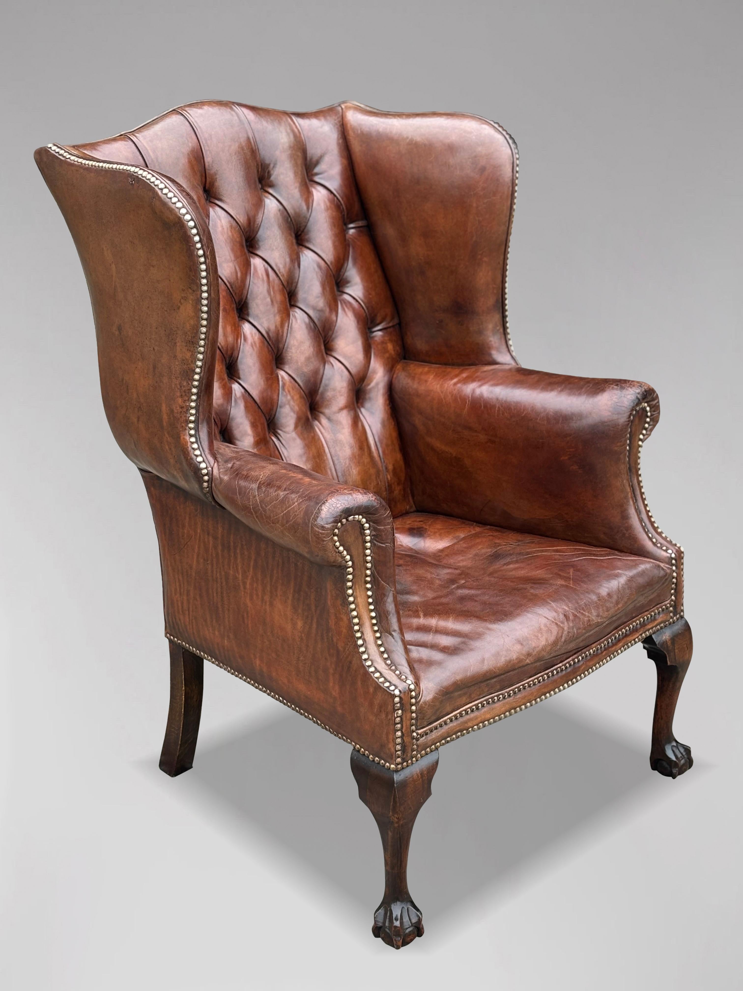 19th Century Brown Leather Wing Armchair For Sale 8