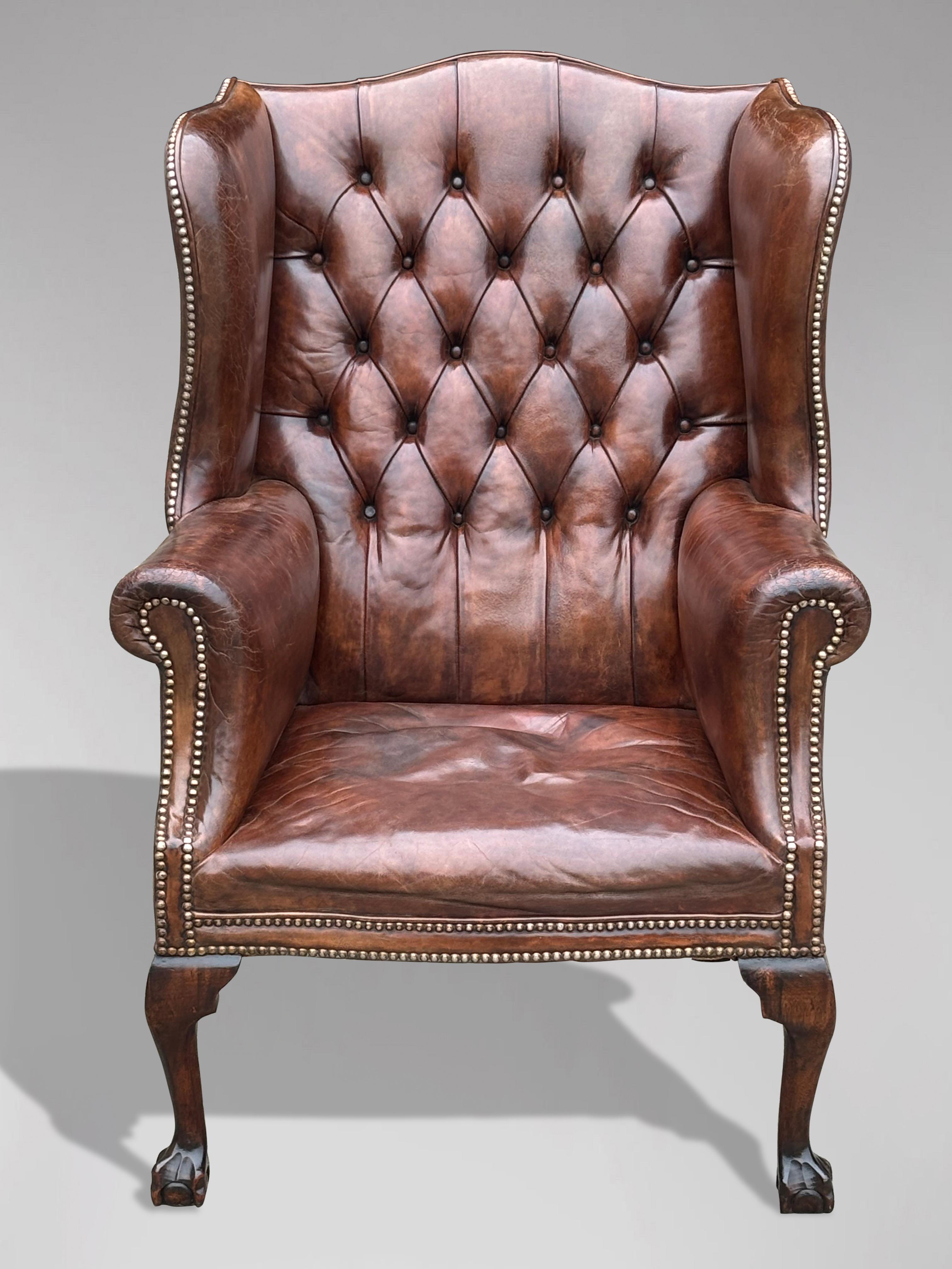 19th Century Brown Leather Wing Armchair In Good Condition For Sale In Petworth,West Sussex, GB