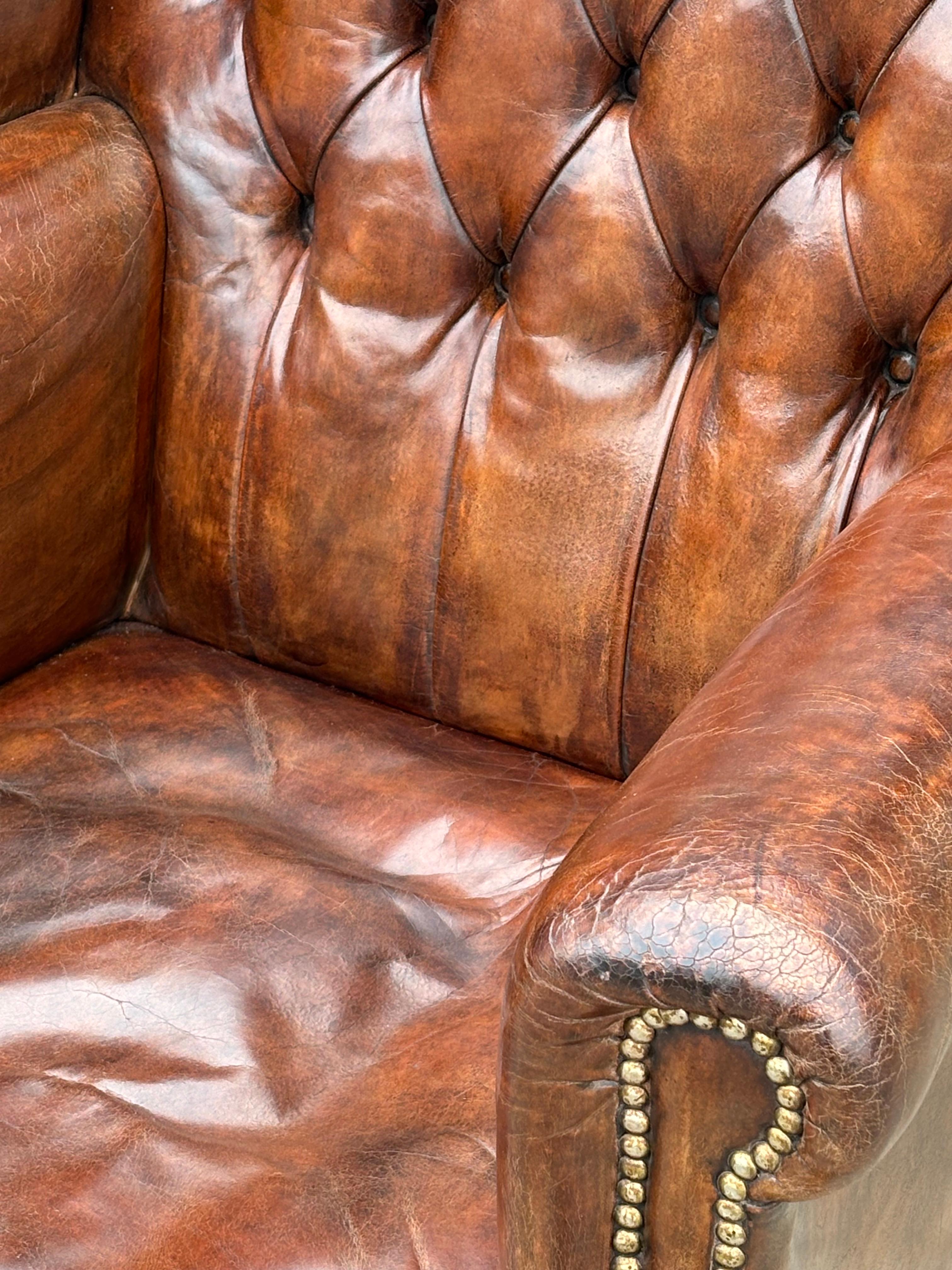 19th Century Brown Leather Wing Armchair For Sale 2