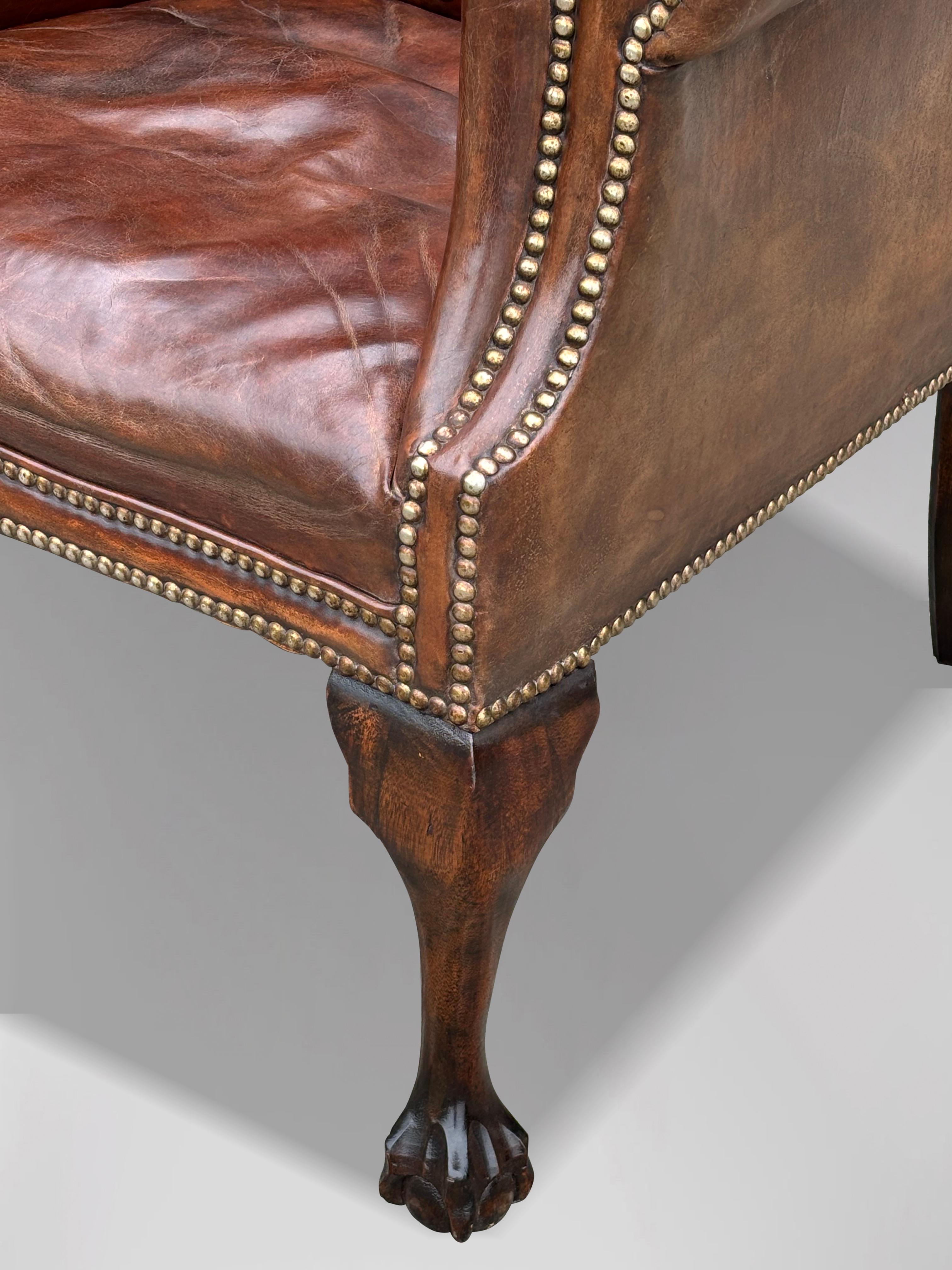 19th Century Brown Leather Wing Armchair For Sale 4