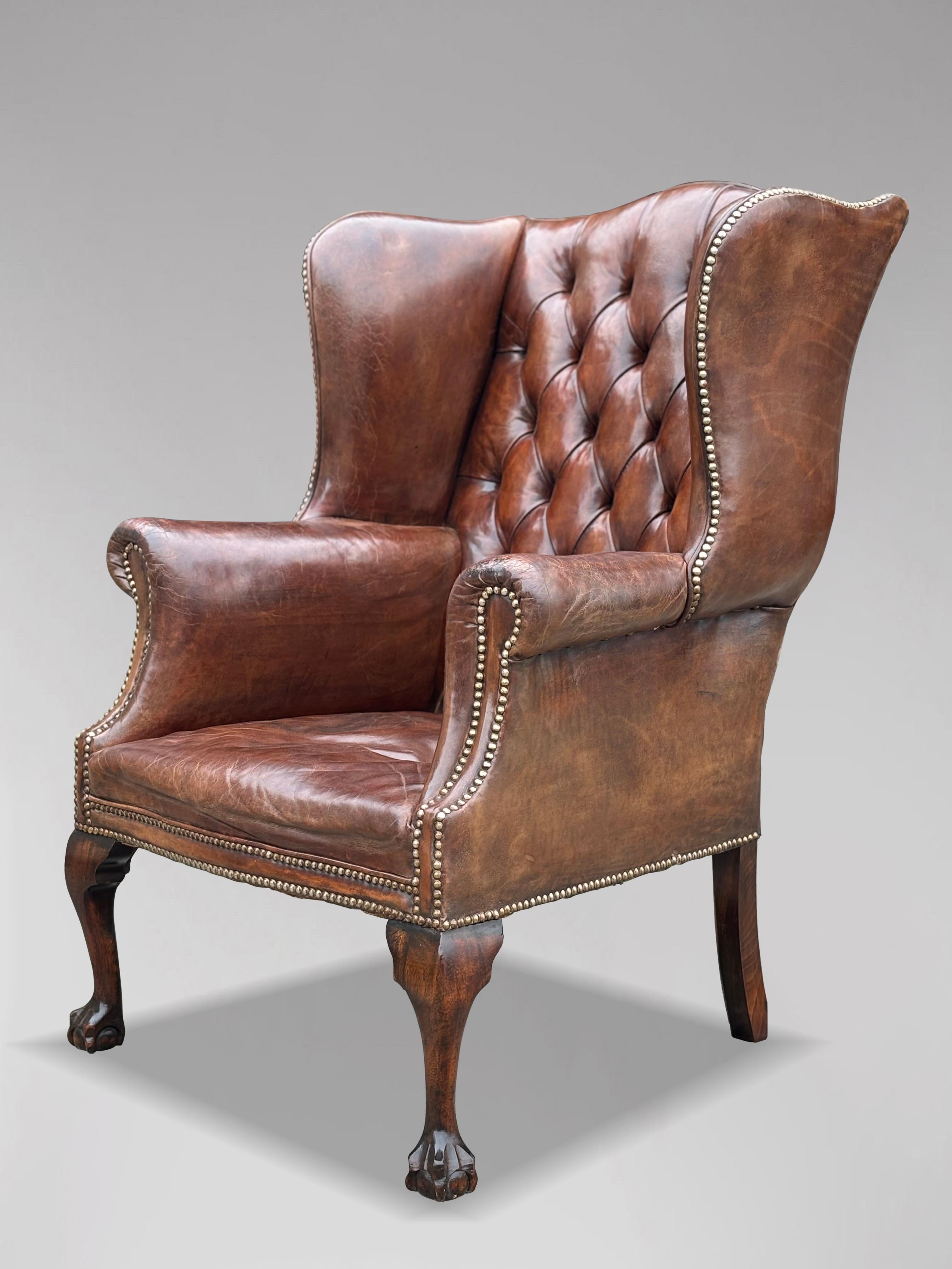 19th Century Brown Leather Wing Armchair For Sale 5
