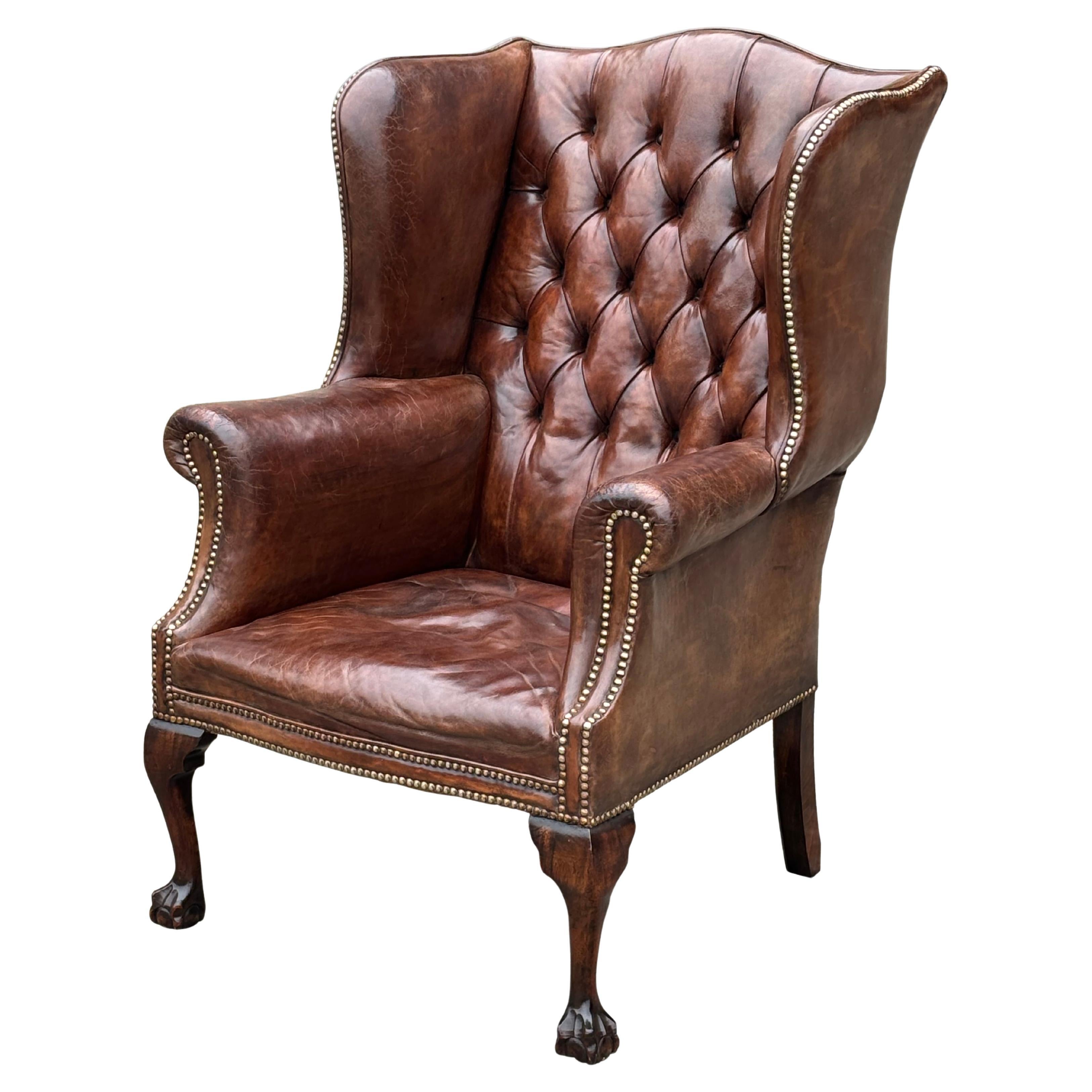 19th Century Brown Leather Wing Armchair