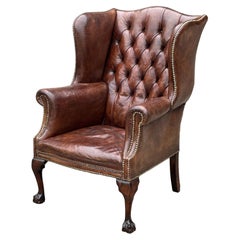 19th Century Brown Leather Wing Armchair