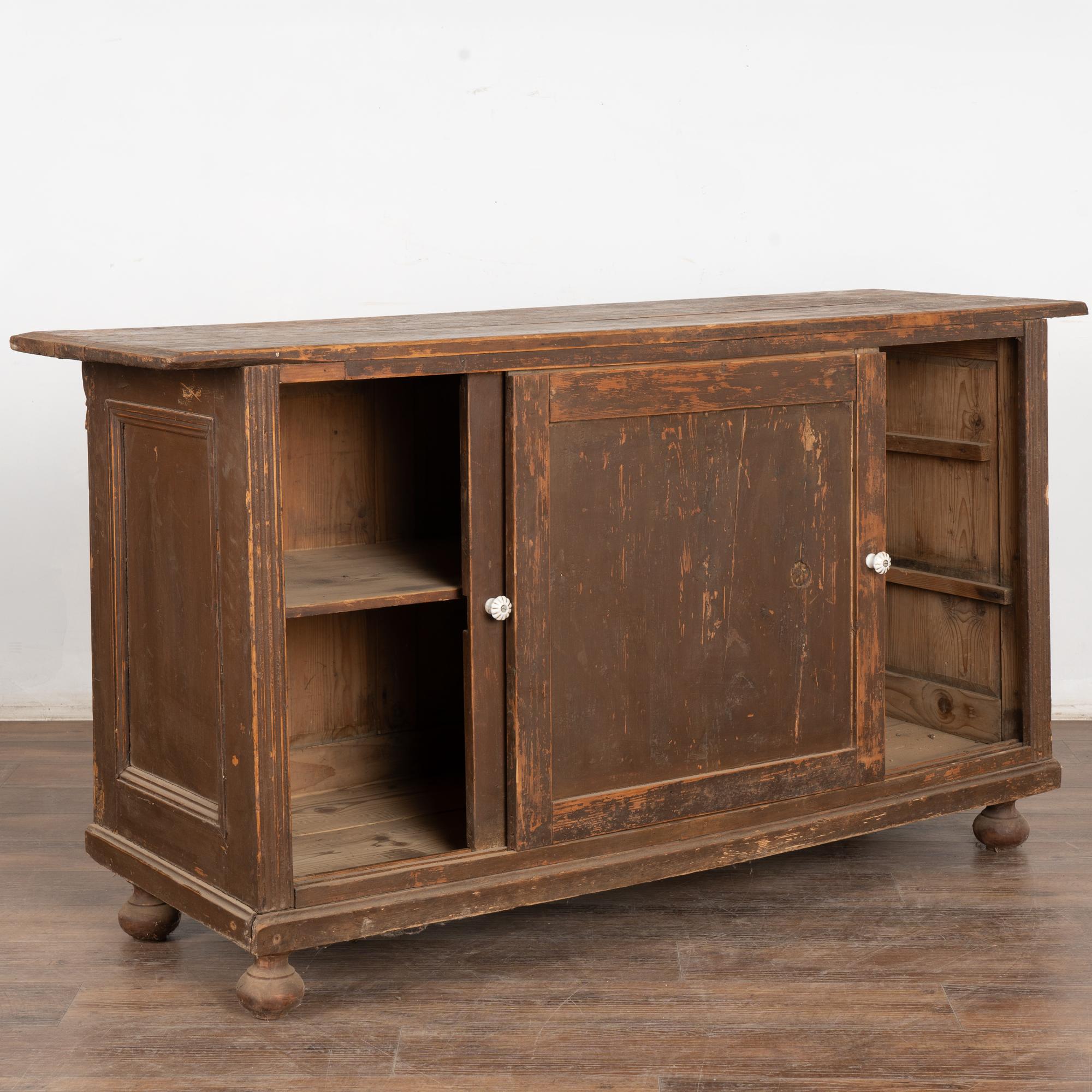 Rustic 19th Century Brown Painted Shop Counter Cabinet Kitchen Island w/ Sliding Doors