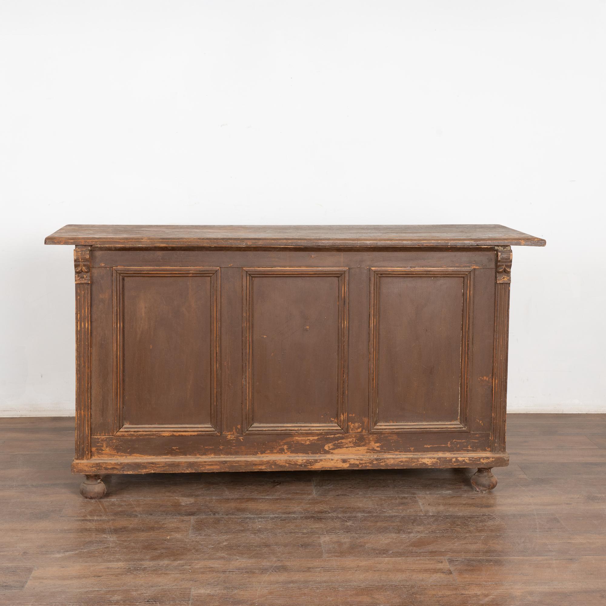 Hungarian 19th Century Brown Painted Shop Counter Cabinet Kitchen Island w/ Sliding Doors